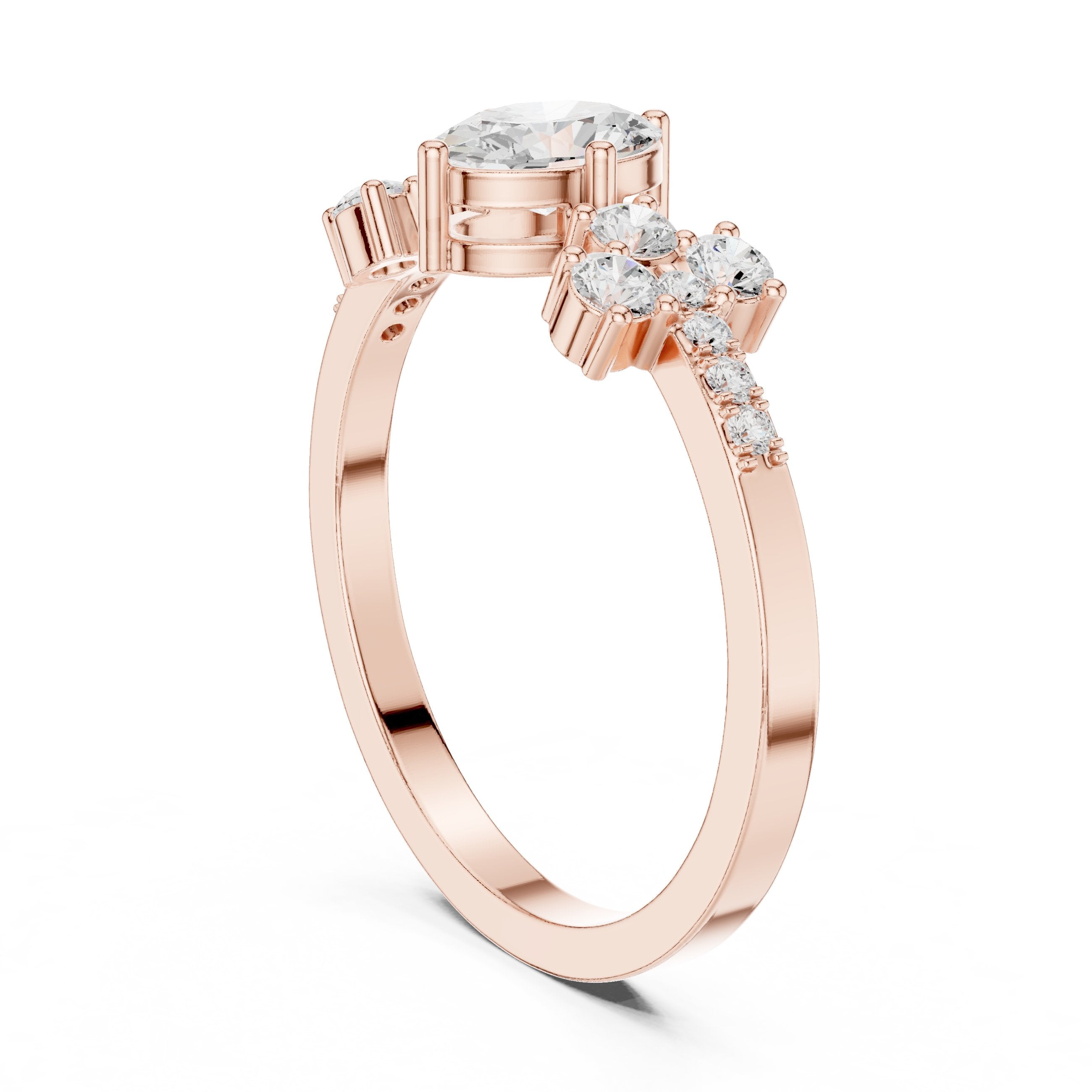 Oval Diamond Engagement Ring with Round Cluster Side Stones in Rose Gold - VYKA Diamonds