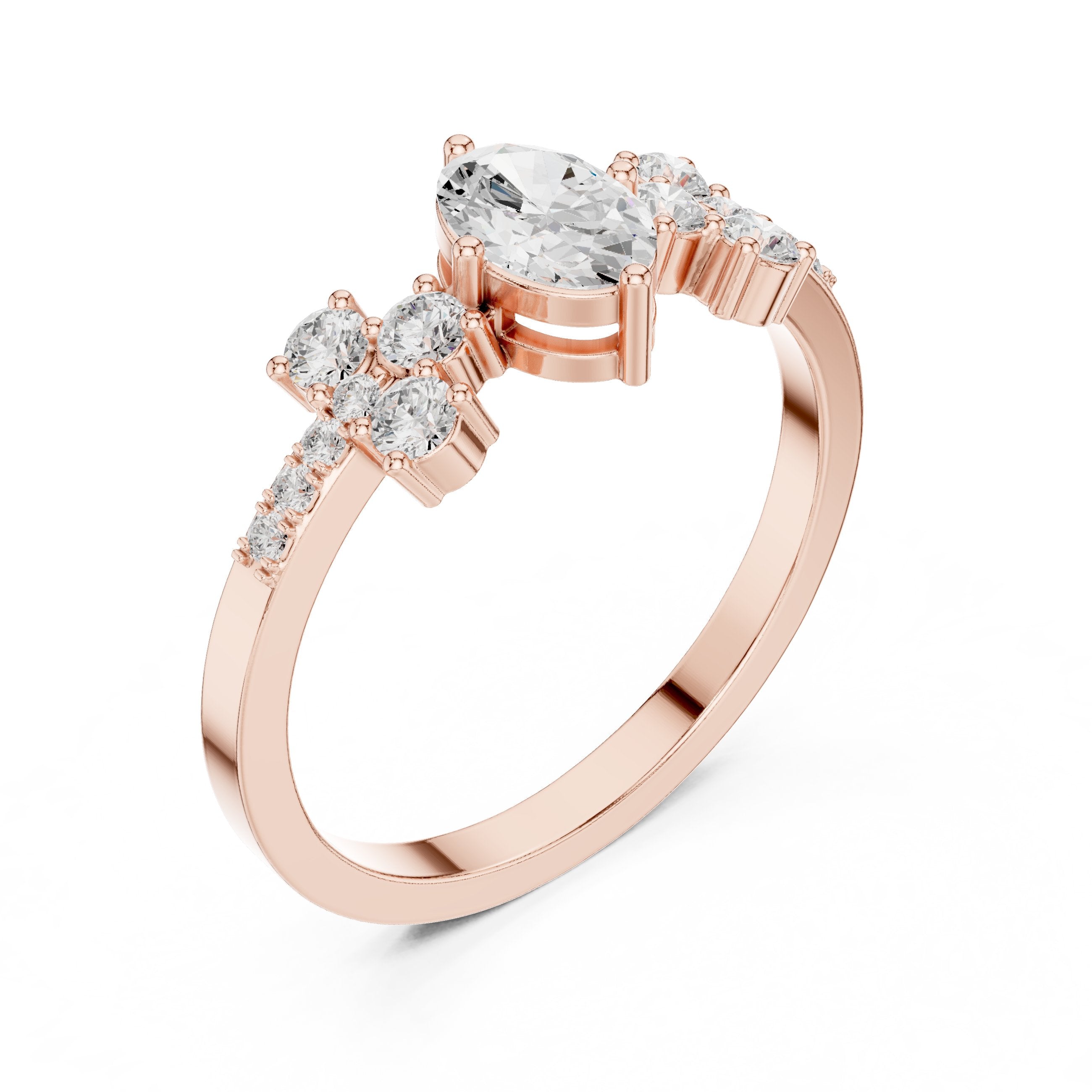 Oval Diamond Engagement Ring with Round Cluster Side Stones in Rose Gold - VYKA Diamonds