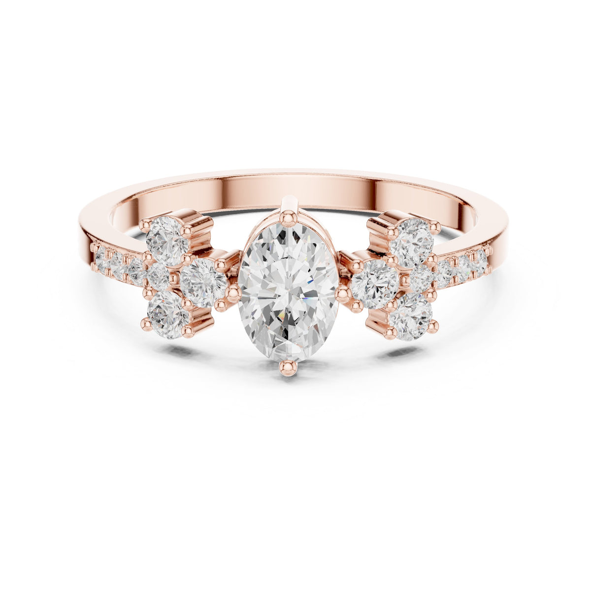 Oval Diamond Engagement Ring with Round Cluster Side Stones