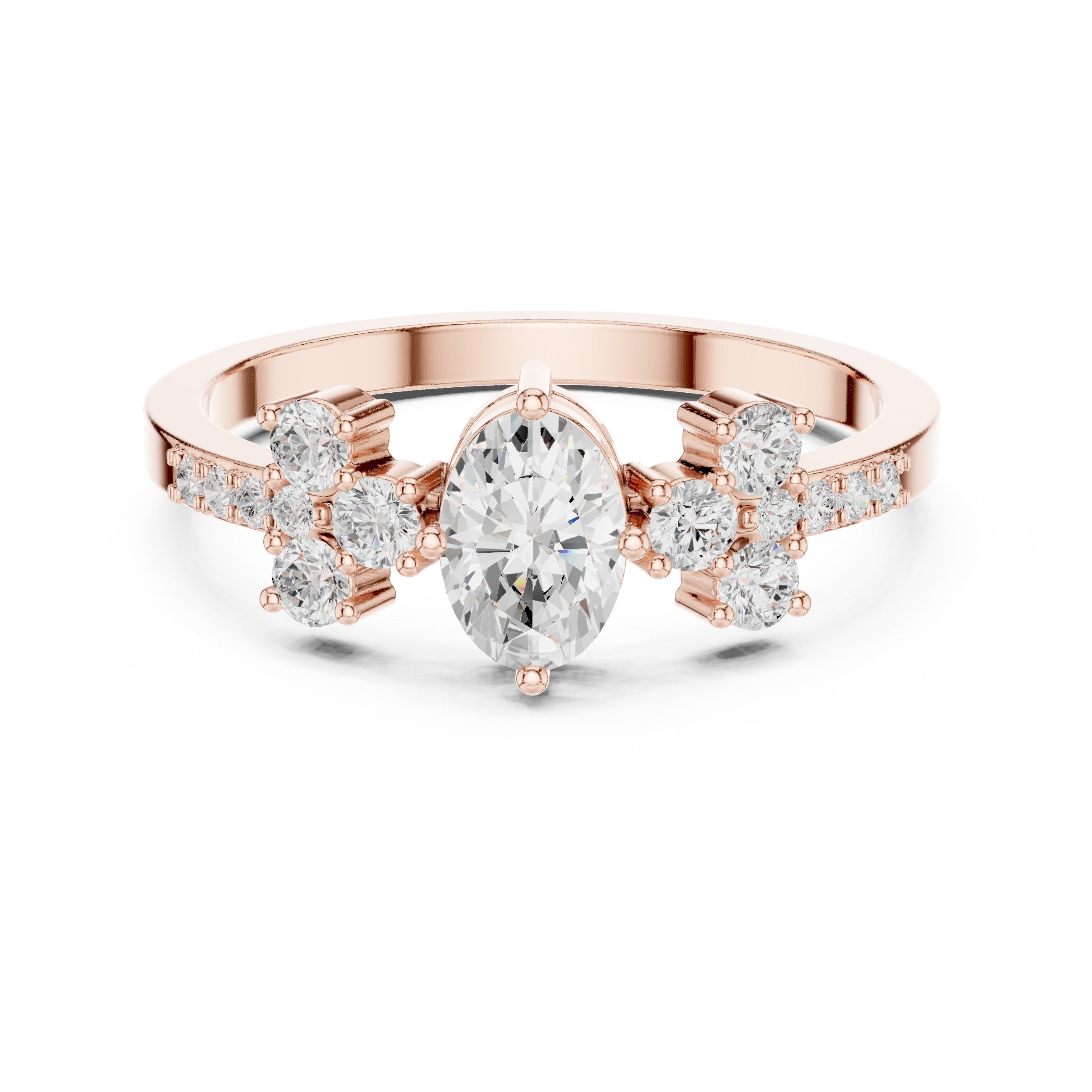 Oval Diamond Engagement Ring with Round Cluster Side Stones in Rose Gold - VYKA Diamonds