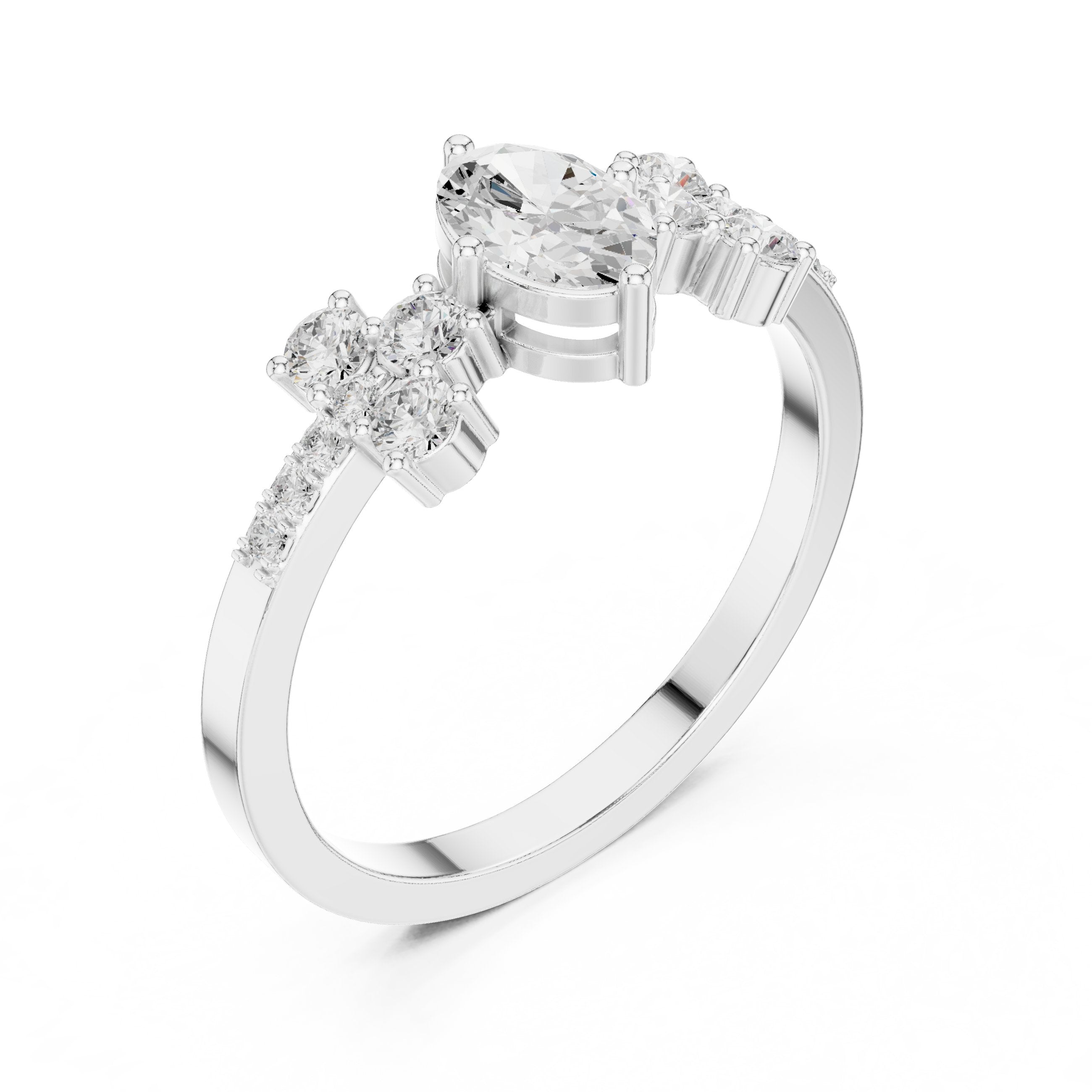 Oval Diamond Engagement Ring with Round Cluster Side Stones in White Gold - VYKA Diamonds