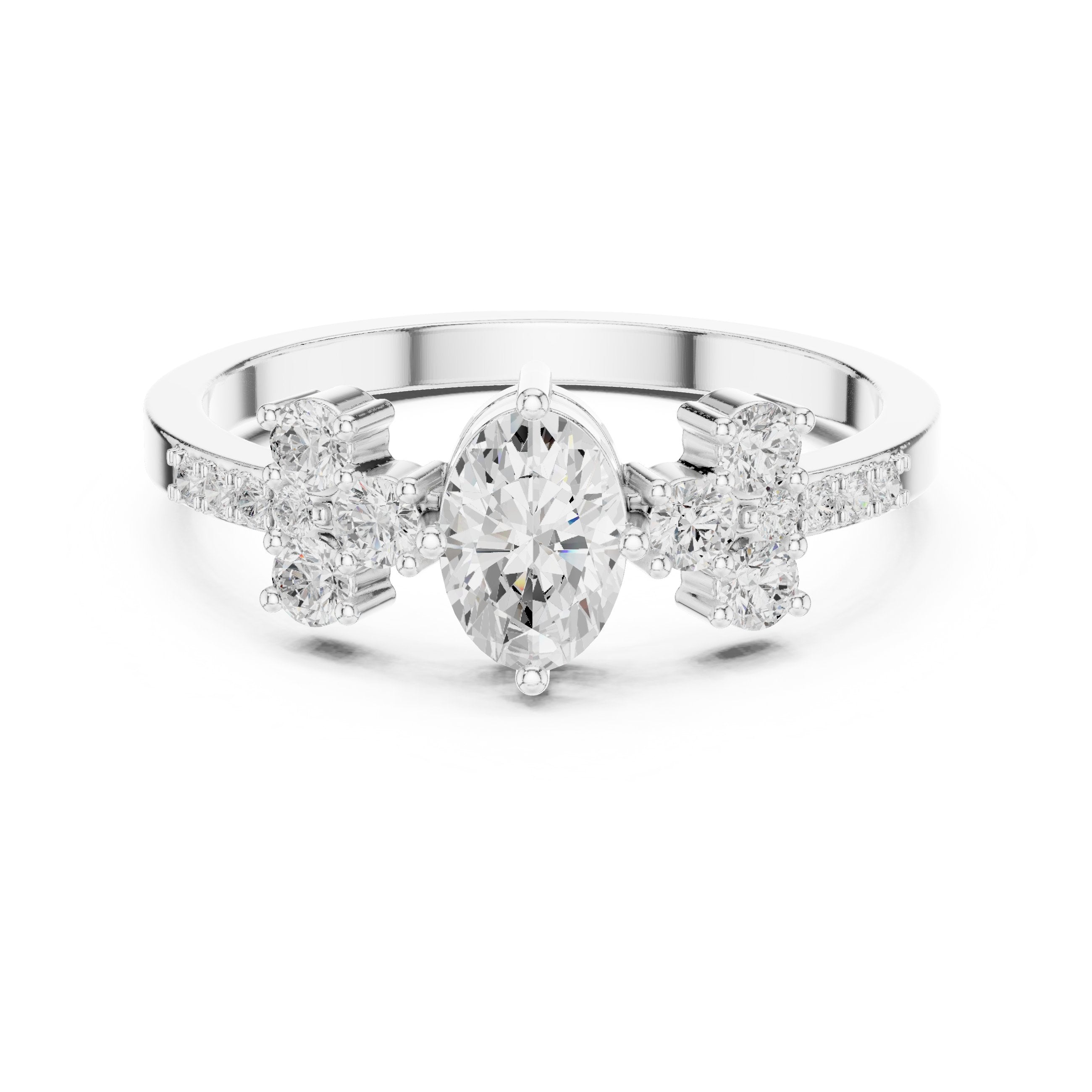 Oval Diamond Engagement Ring with Round Cluster Side Stones in White Gold - VYKA Diamonds