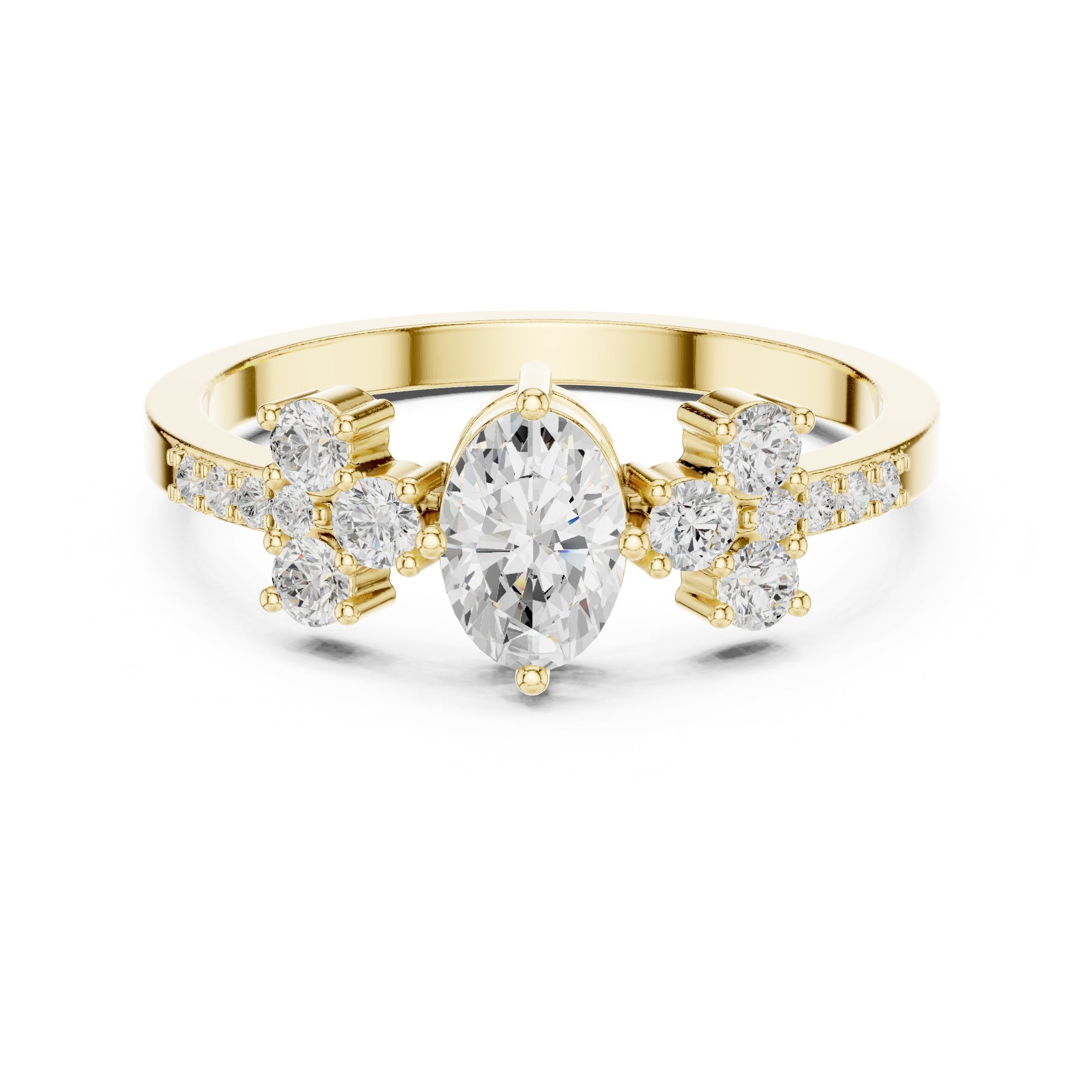 Oval Diamond Engagement Ring with Round Cluster Side Stones in Yellow Gold - VYKA Diamonds