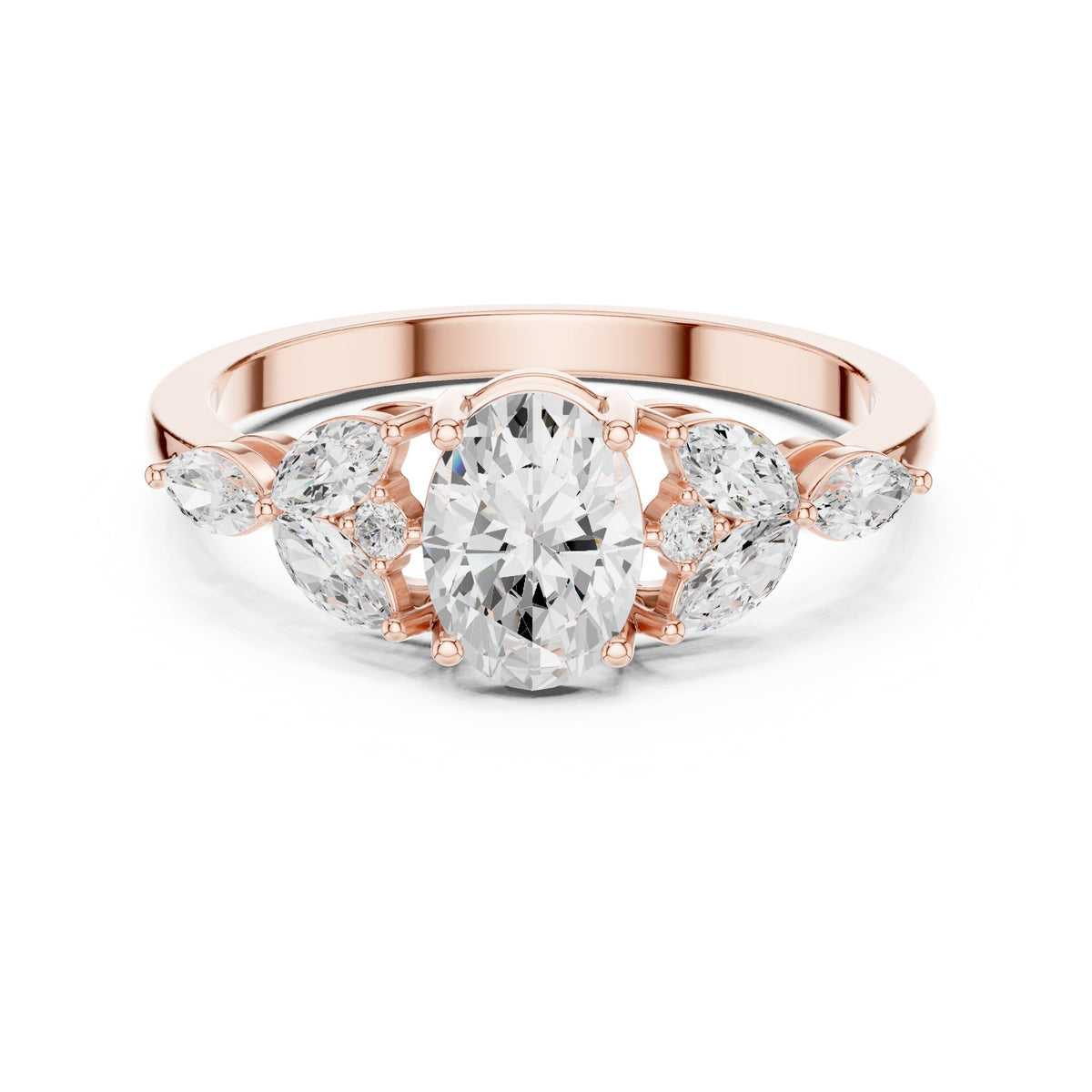 Oval Diamond Engagement Ring with Marquise Sides and Round Accents