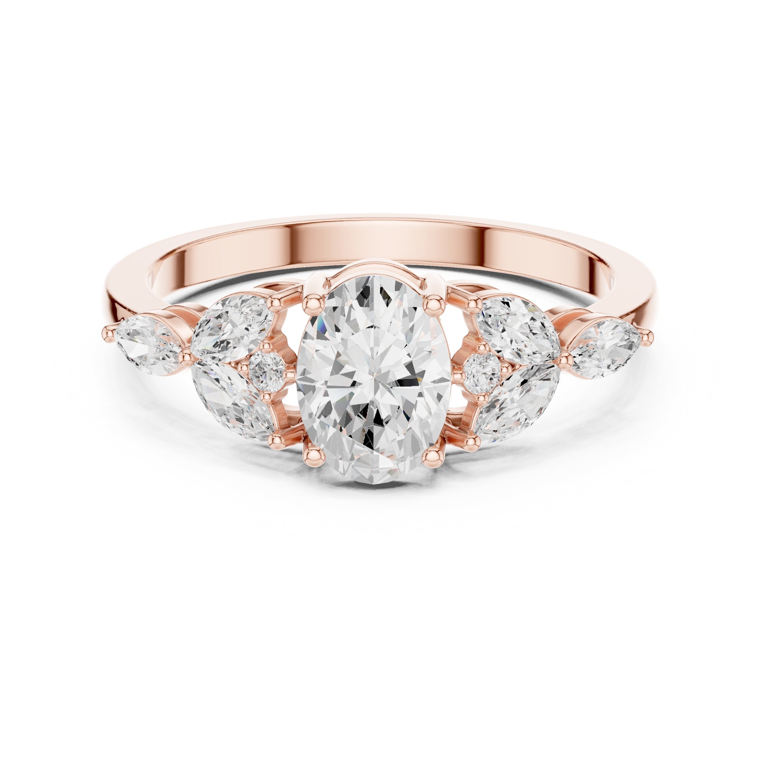 Oval Diamond Engagement Ring with Marquise Sides and Round Accents in Rose Gold - VYKA Diamonds