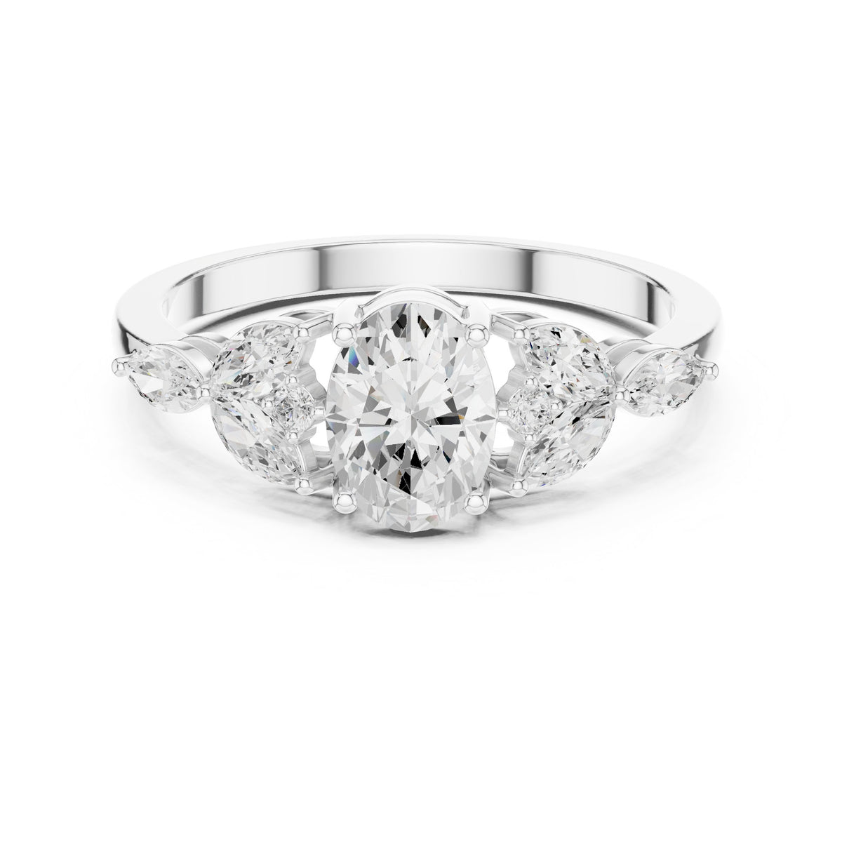 Oval Diamond Engagement Ring with Marquise Sides and Round Accents