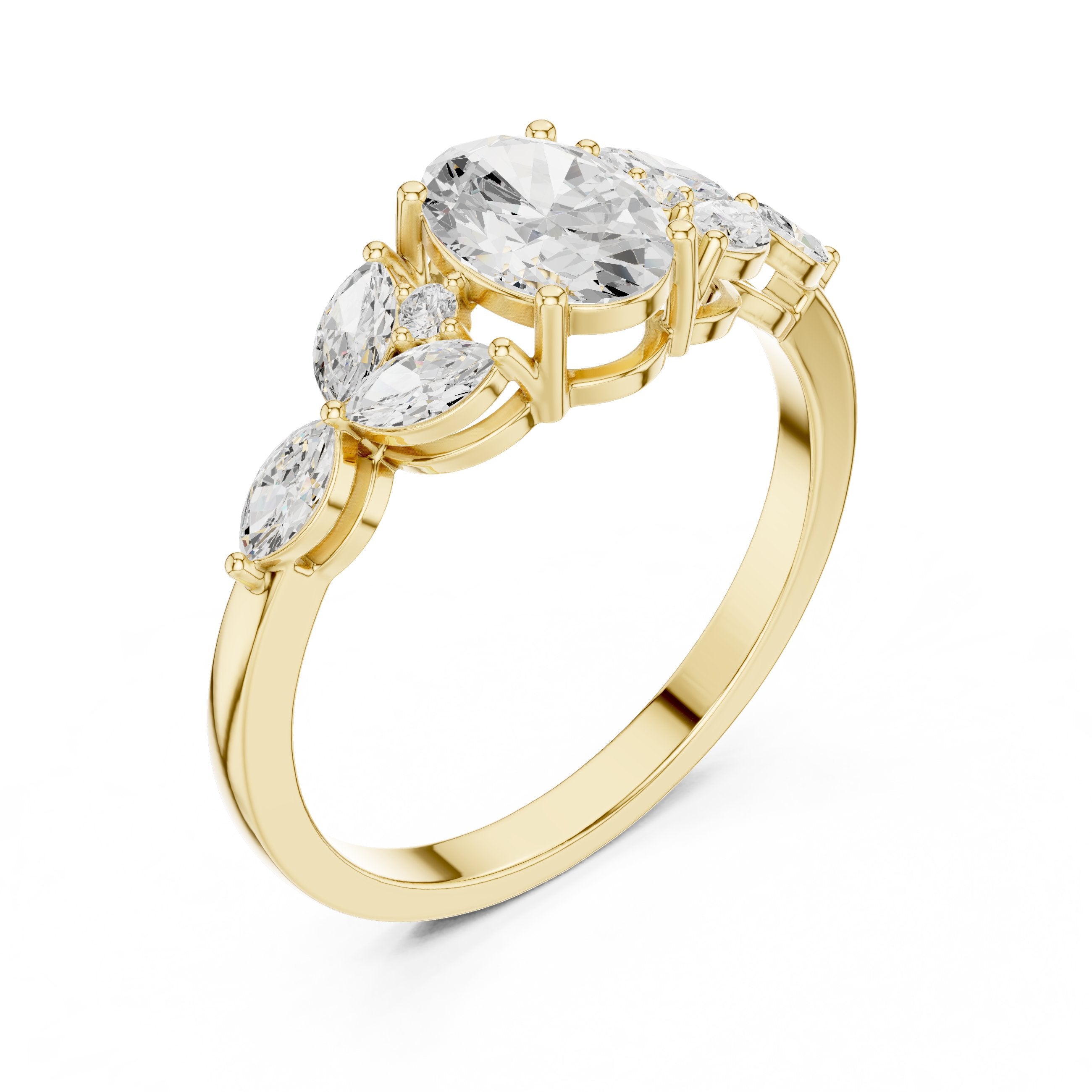 Oval Diamond Engagement Ring with Marquise Sides and Round Accents in Yellow Gold - VYKA Diamonds