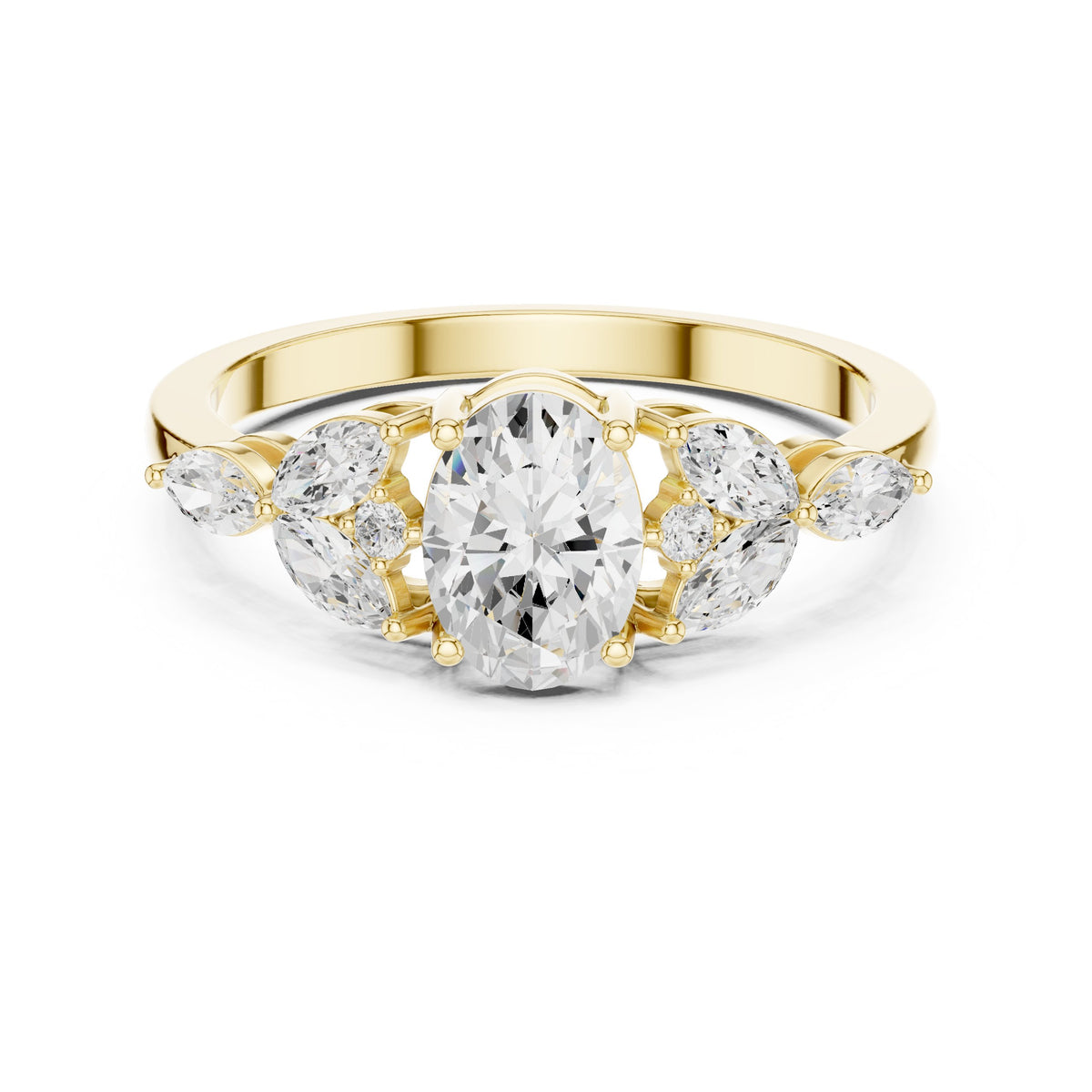 Oval Diamond Engagement Ring with Marquise Sides and Round Accents