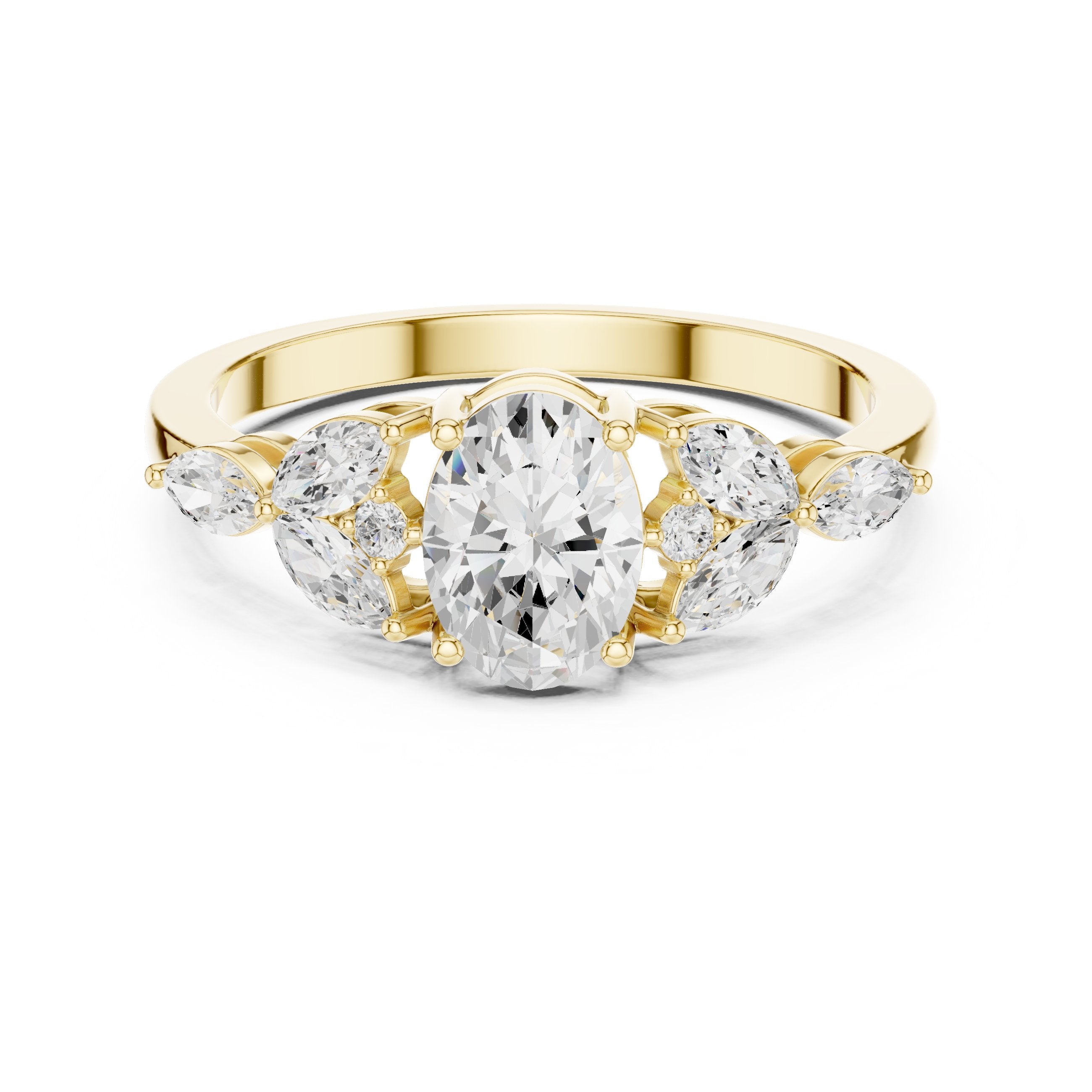 Oval Diamond Engagement Ring with Marquise Sides and Round Accents in Yellow Gold - VYKA Diamonds