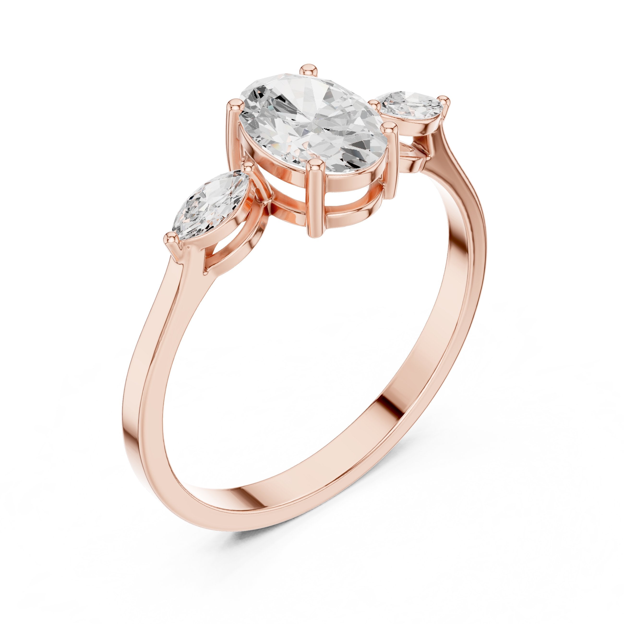 Oval Diamond Three Stone Engagement Ring with Marquise Sides in Rose Gold - VYKA Diamonds