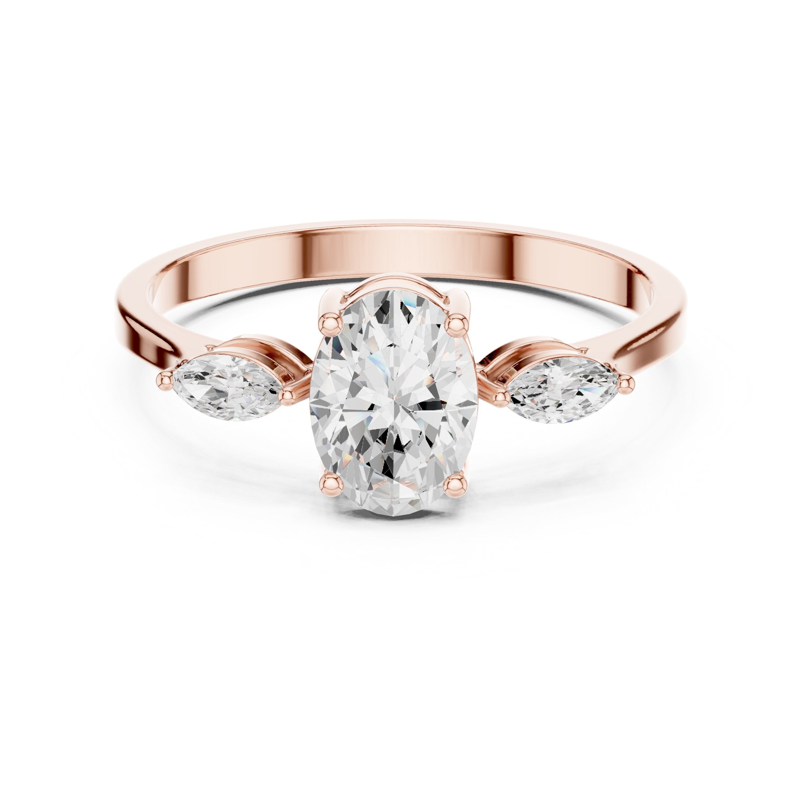 Oval Diamond Three Stone Engagement Ring with Marquise Sides in Rose Gold - VYKA Diamonds