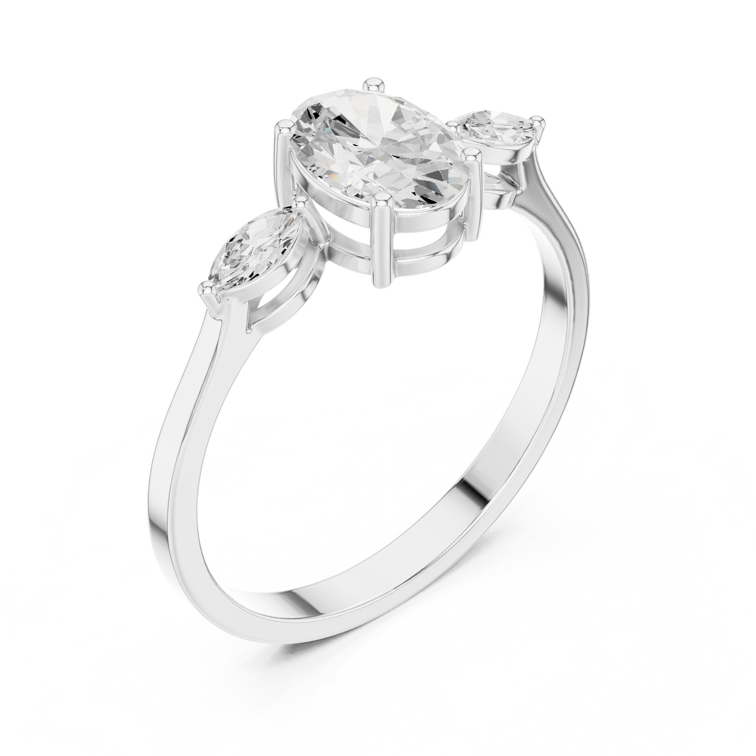 Oval Diamond Three Stone Engagement Ring with Marquise Sides in White Gold - VYKA Diamonds