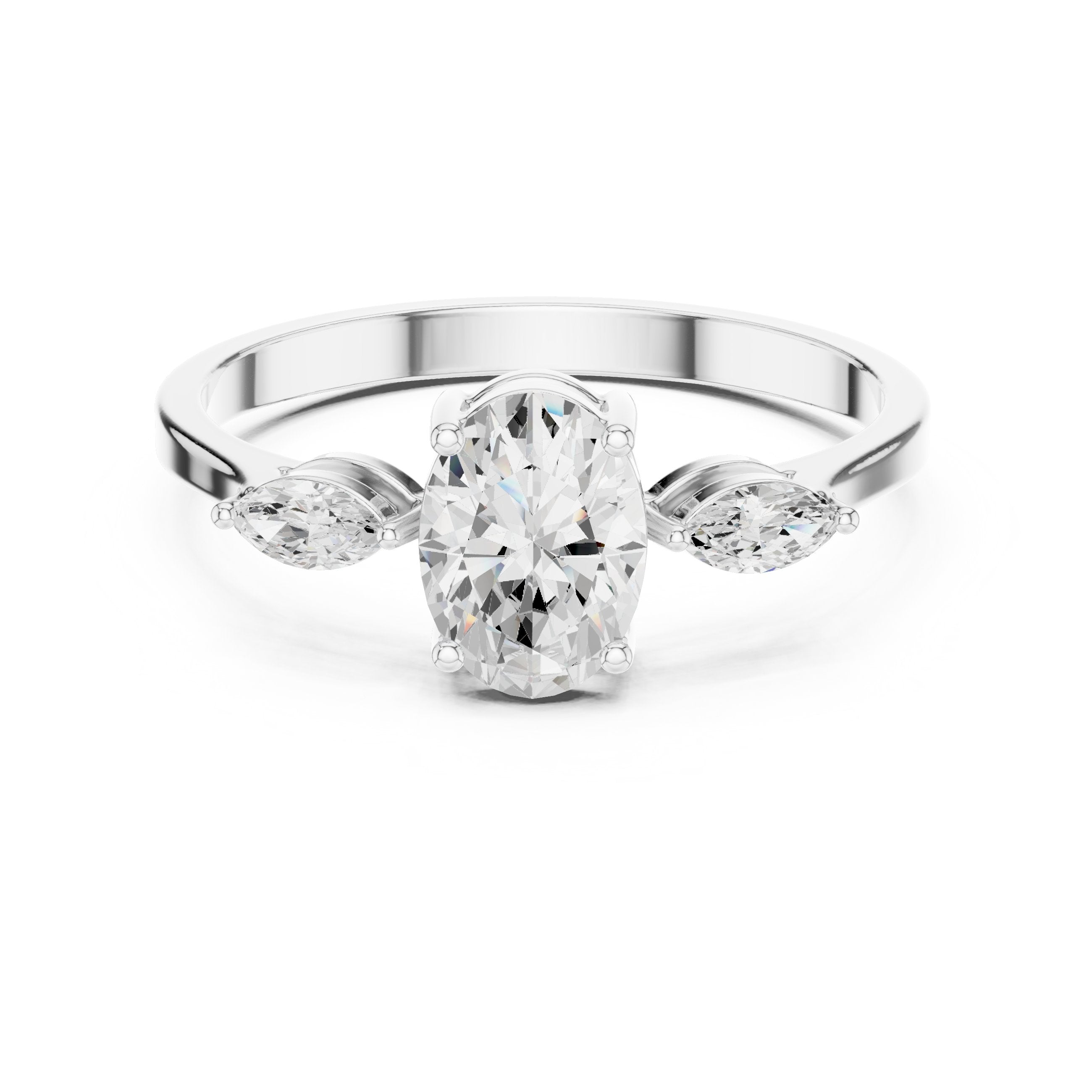 Oval Diamond Three Stone Engagement Ring with Marquise Sides in White Gold - VYKA Diamonds