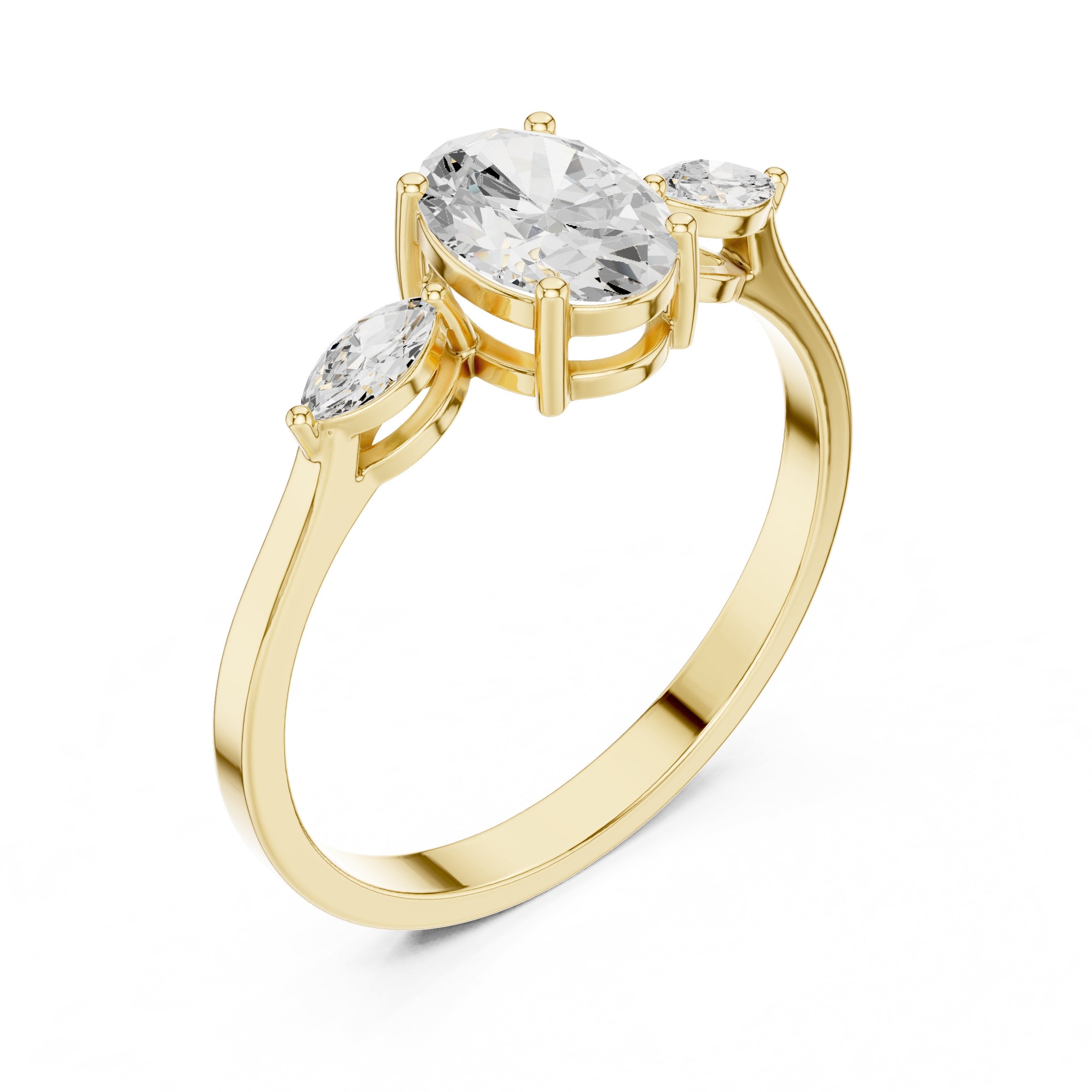Oval Diamond Three Stone Engagement Ring with Marquise Sides in Yellow Gold - VYKA Diamonds