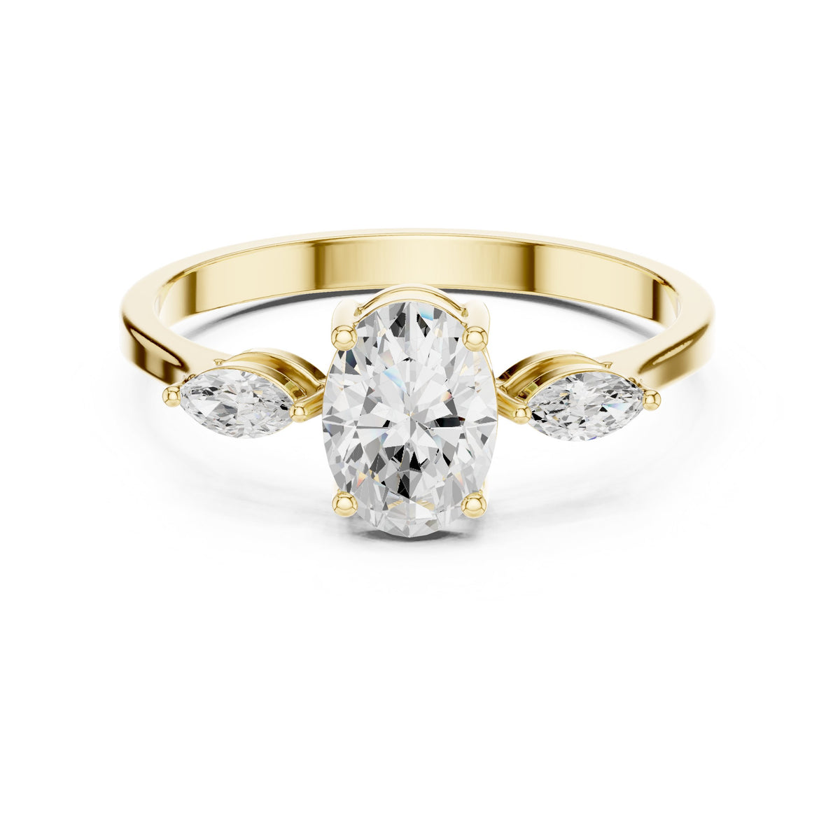 Oval Diamond Three Stone Engagement Ring with Marquise Sides