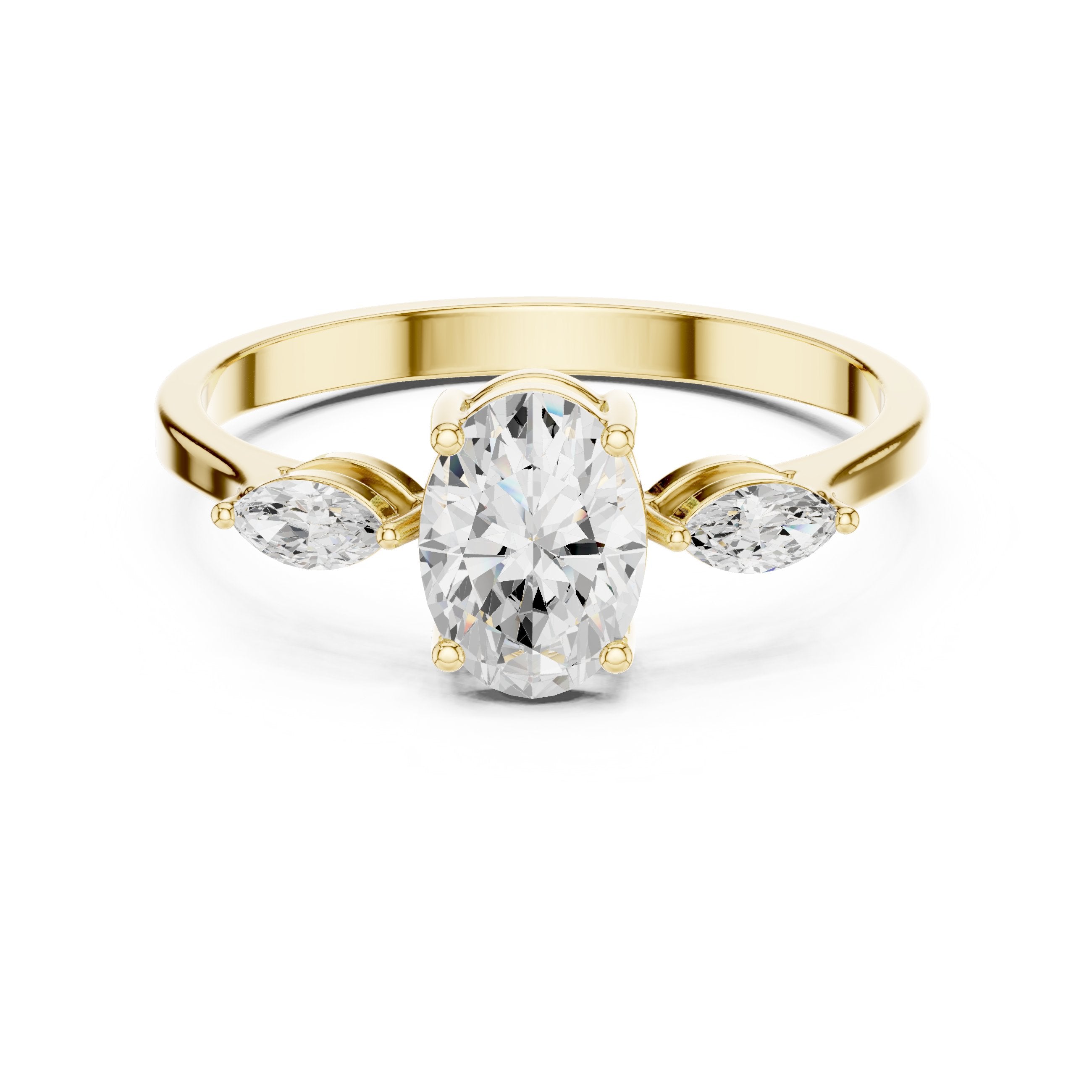 Oval Diamond Three Stone Engagement Ring with Marquise Sides in Yellow Gold - VYKA Diamonds