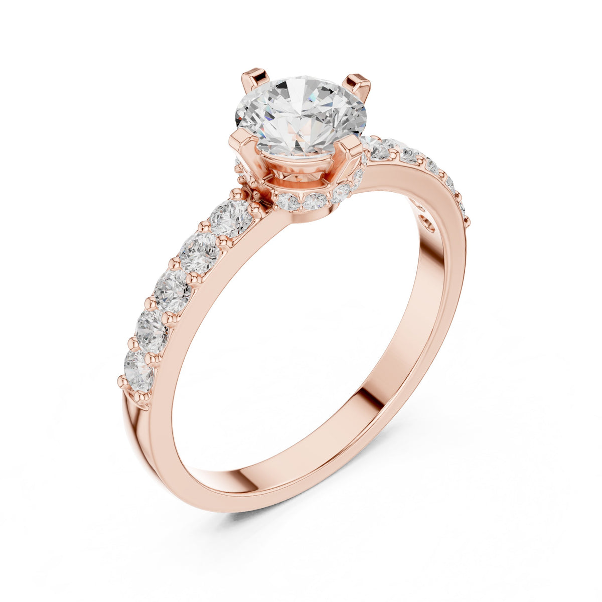 Round Diamond Engagement Ring with Round Side Accents and Pavé Band