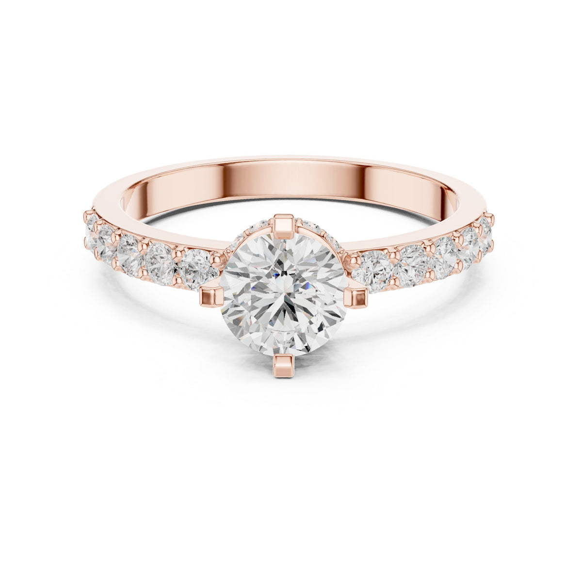 Round Diamond Engagement Ring with Round Side Accents and Pavé Band