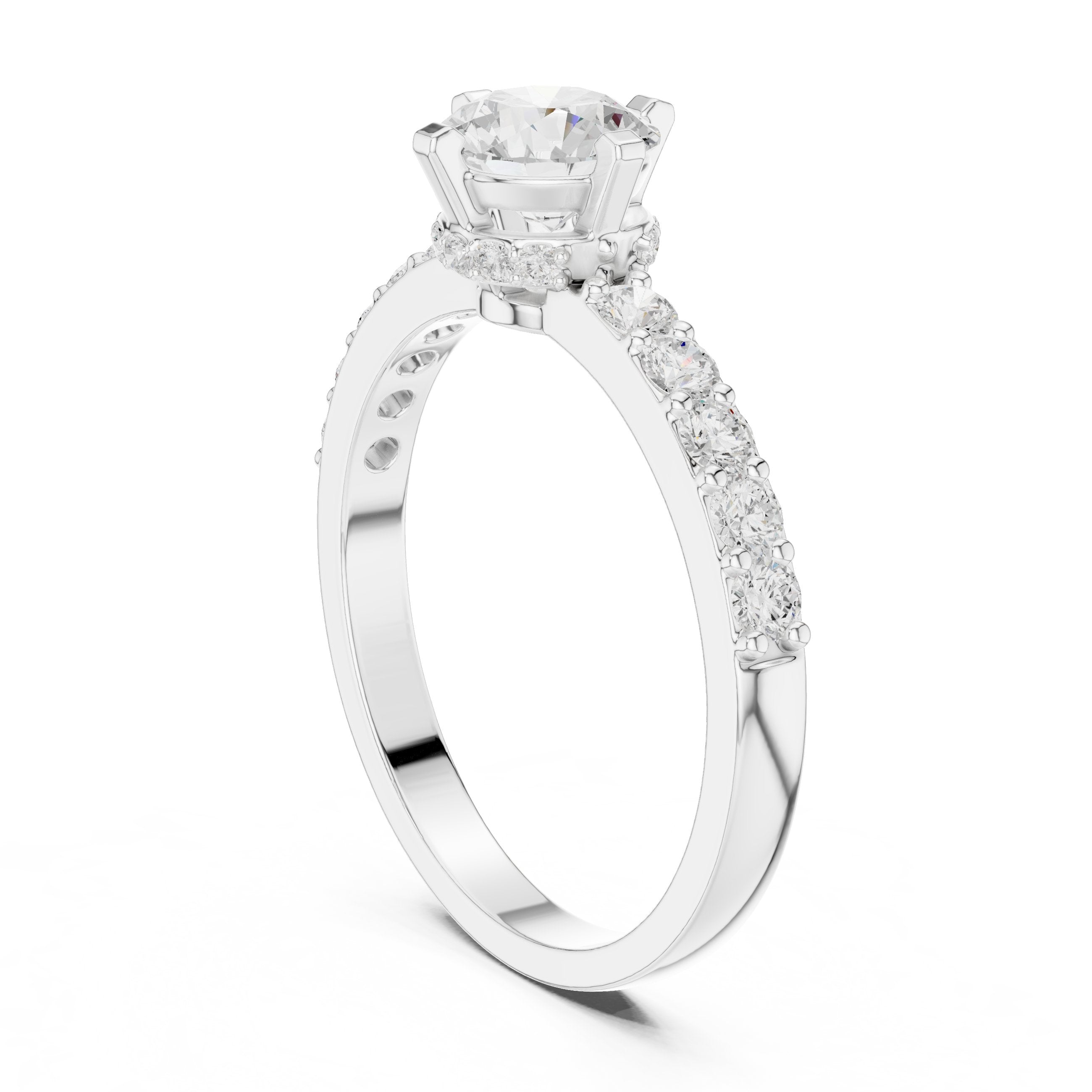 خاتم خطوبة ألماس مستدير بأحجار مستديرة جانبية وسوار بافيه in White Gold - VYKA Diamonds