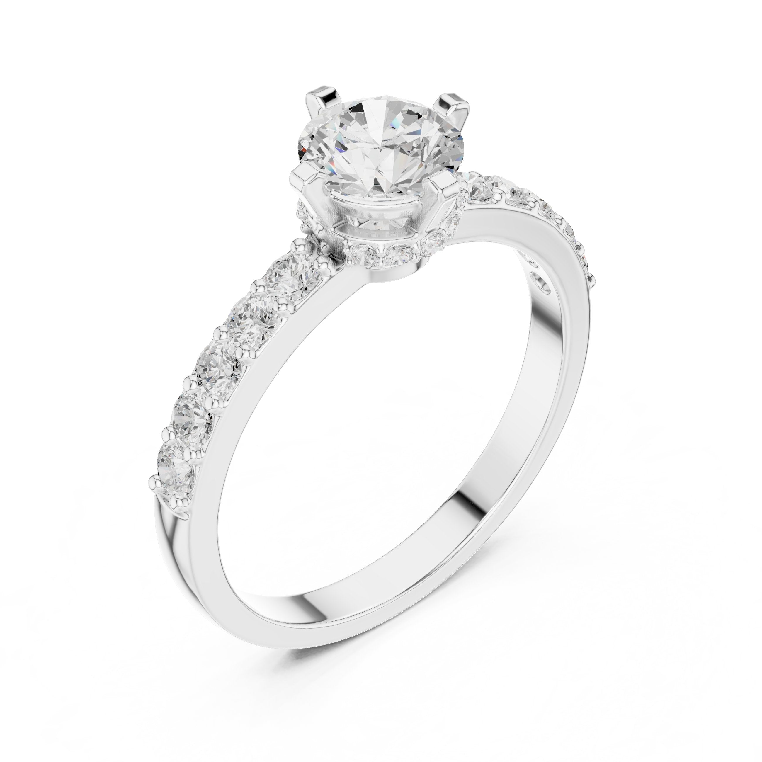 خاتم خطوبة ألماس مستدير بأحجار مستديرة جانبية وسوار بافيه in White Gold - VYKA Diamonds