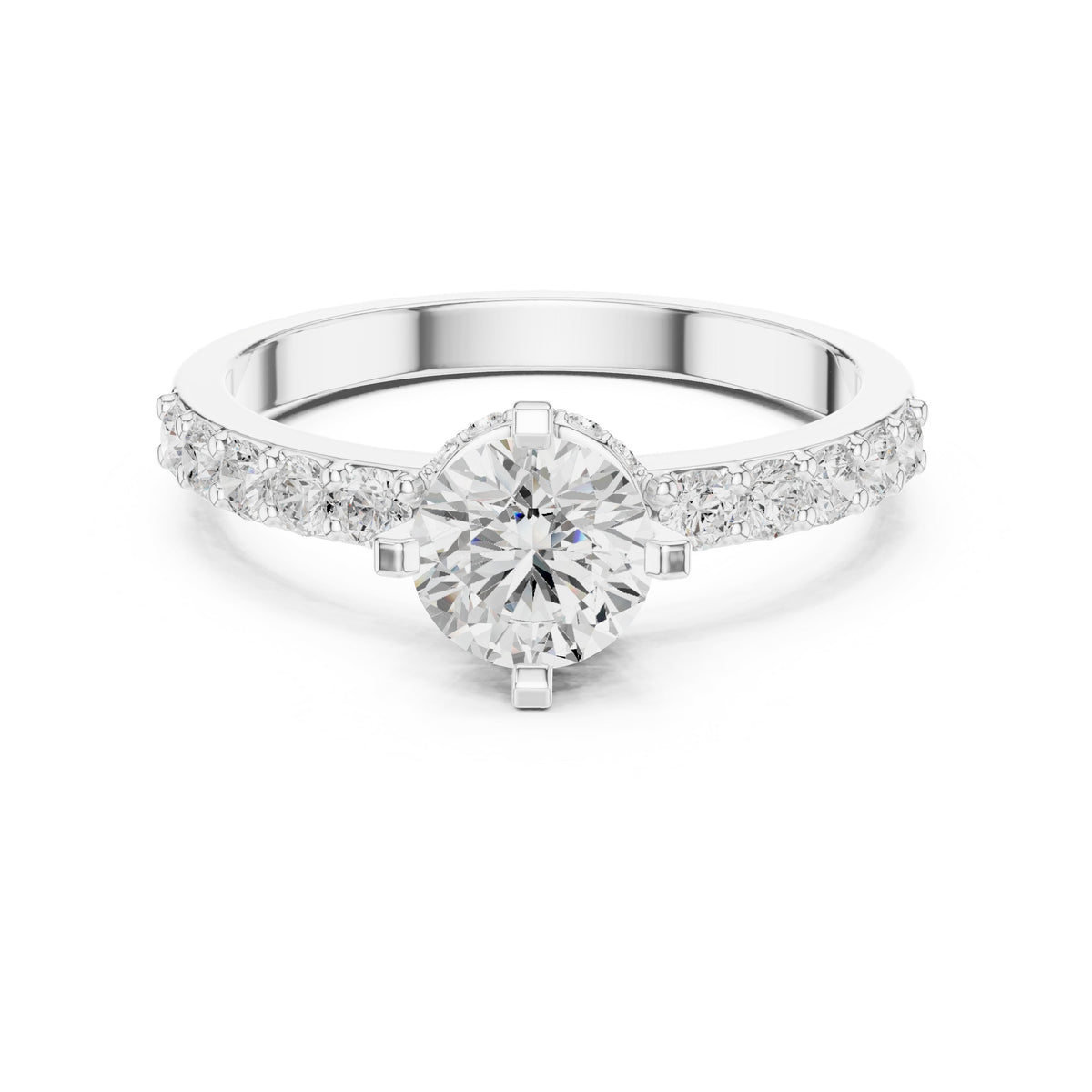 Round Diamond Engagement Ring with Round Side Accents and Pavé Band