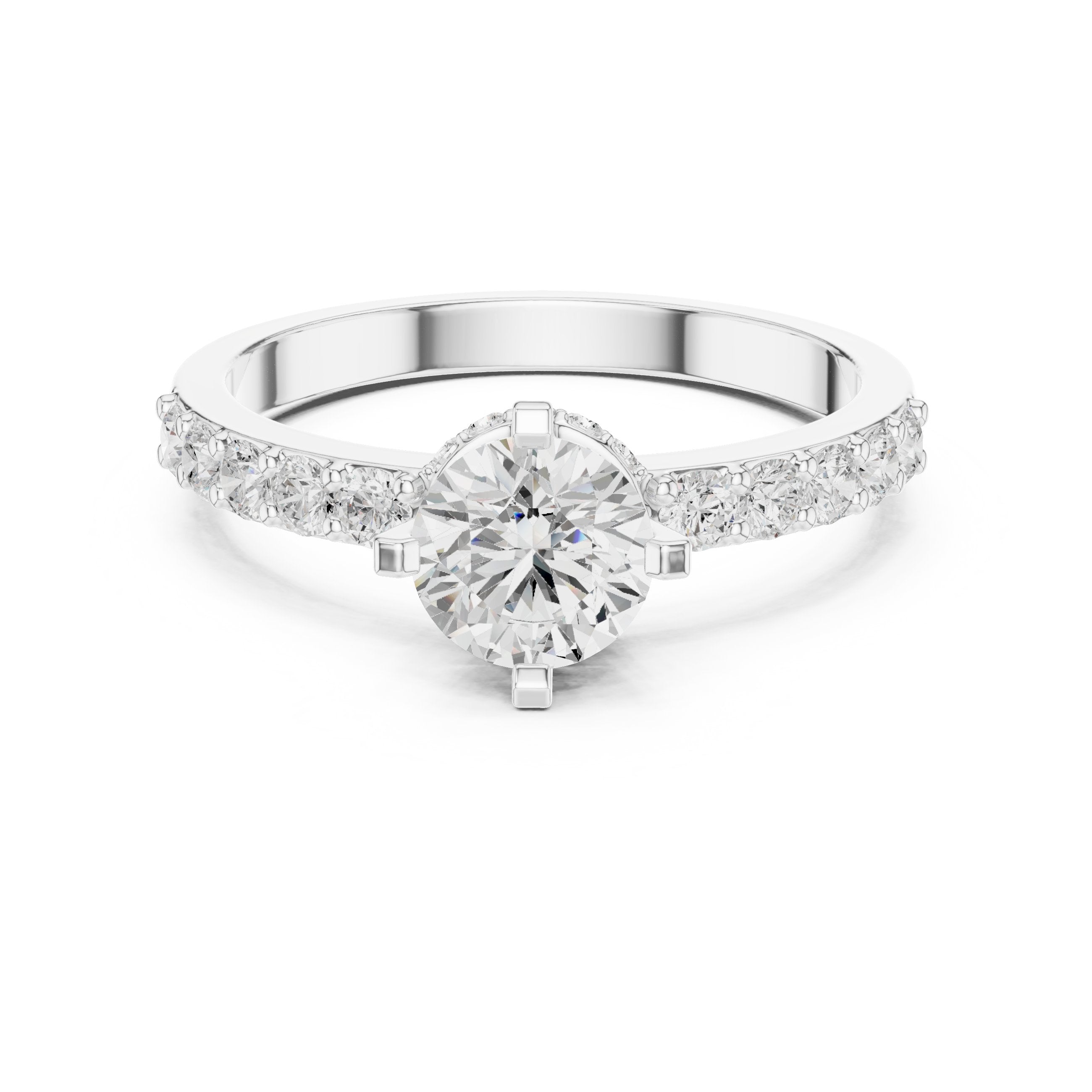 خاتم خطوبة ألماس مستدير بأحجار مستديرة جانبية وسوار بافيه in White Gold - VYKA Diamonds