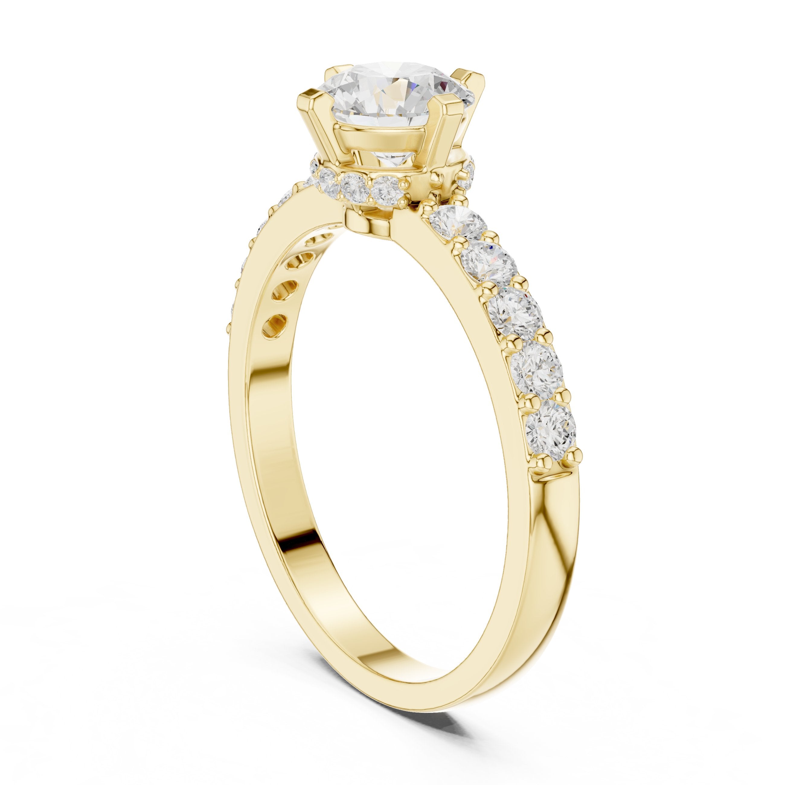 خاتم خطوبة ألماس مستدير بأحجار مستديرة جانبية وسوار بافيه in Yellow Gold - VYKA Diamonds