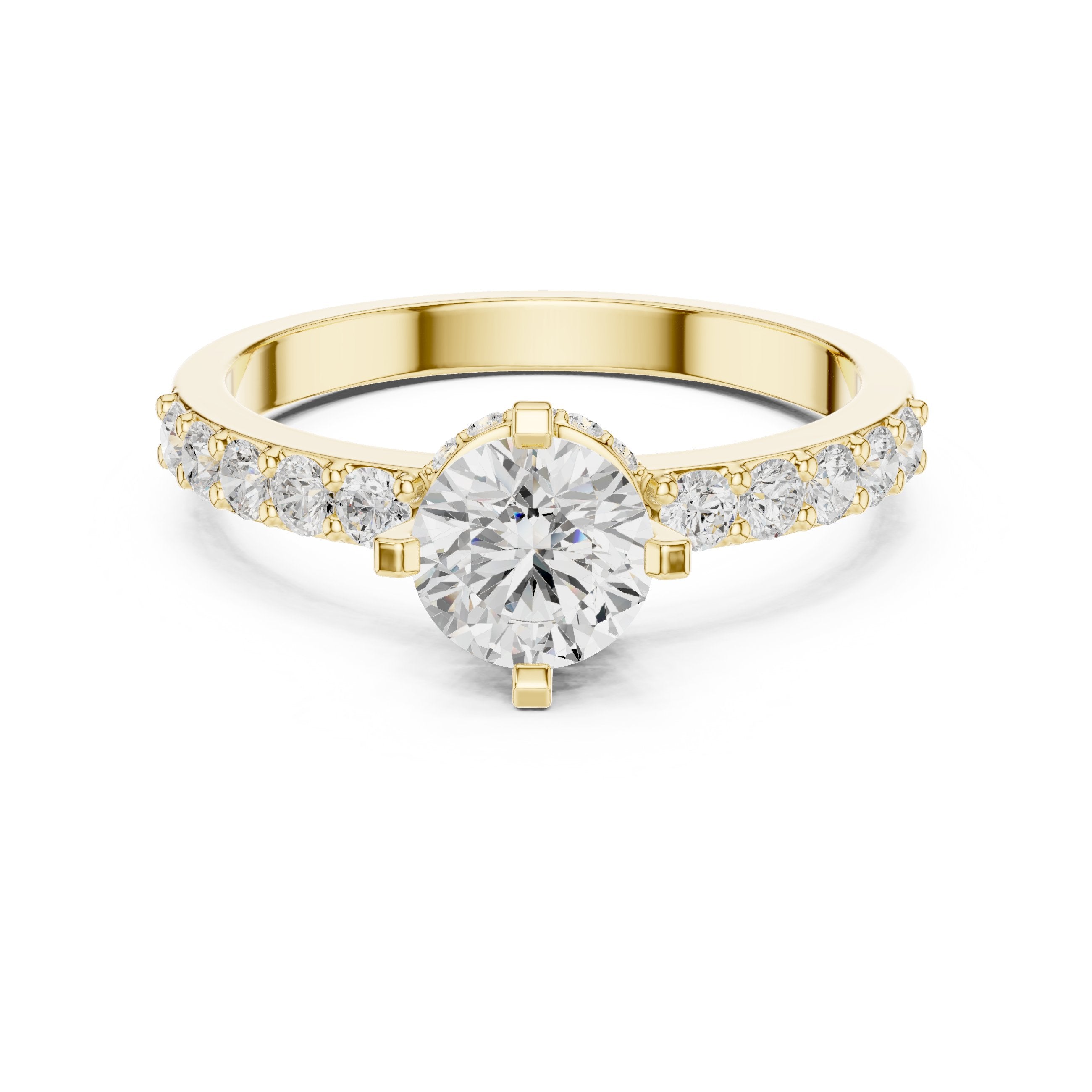 خاتم خطوبة ألماس مستدير بأحجار مستديرة جانبية وسوار بافيه in Yellow Gold - VYKA Diamonds