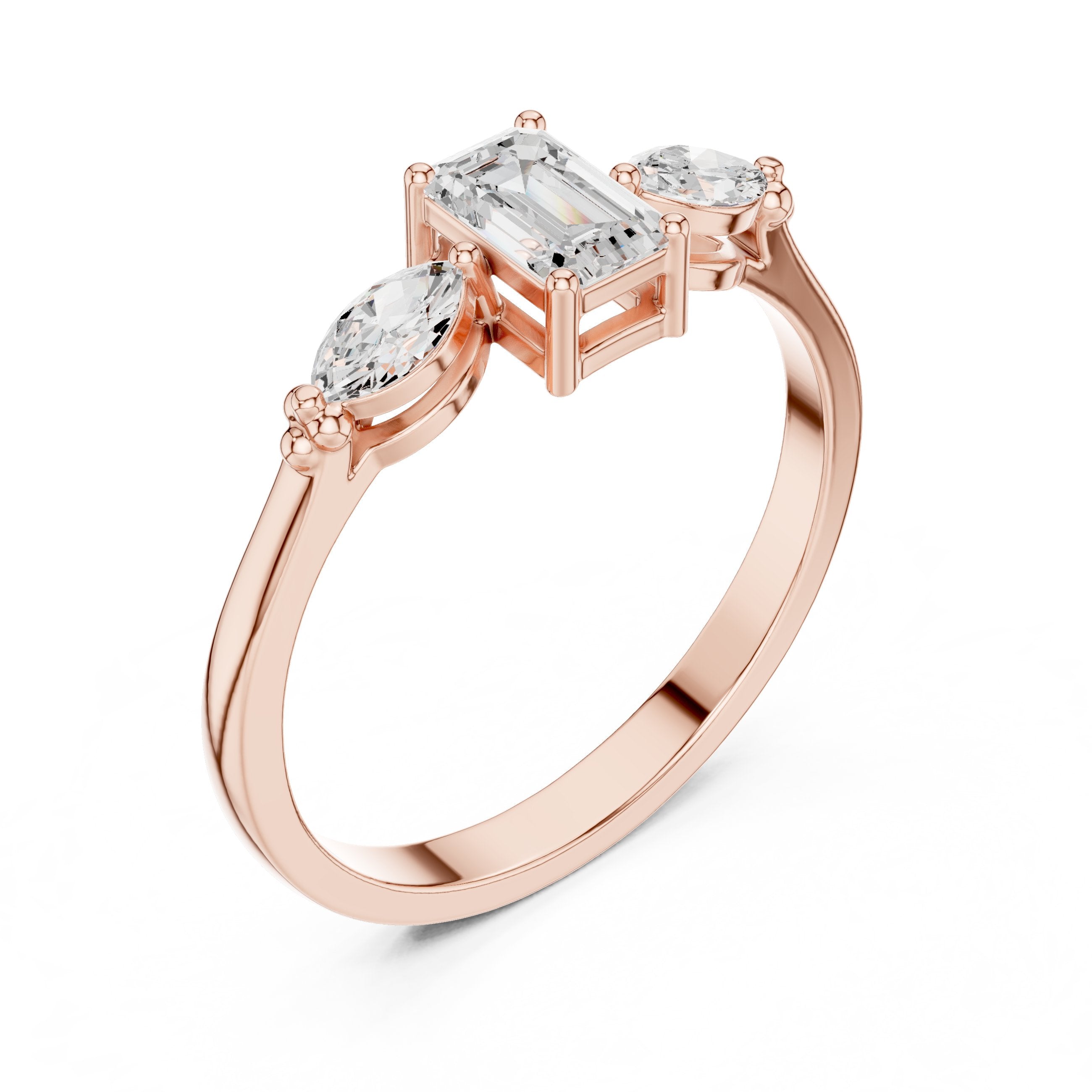 Emerald and Marquise Three Stone Diamond Engagement Ring in Rose Gold - VYKA Diamonds