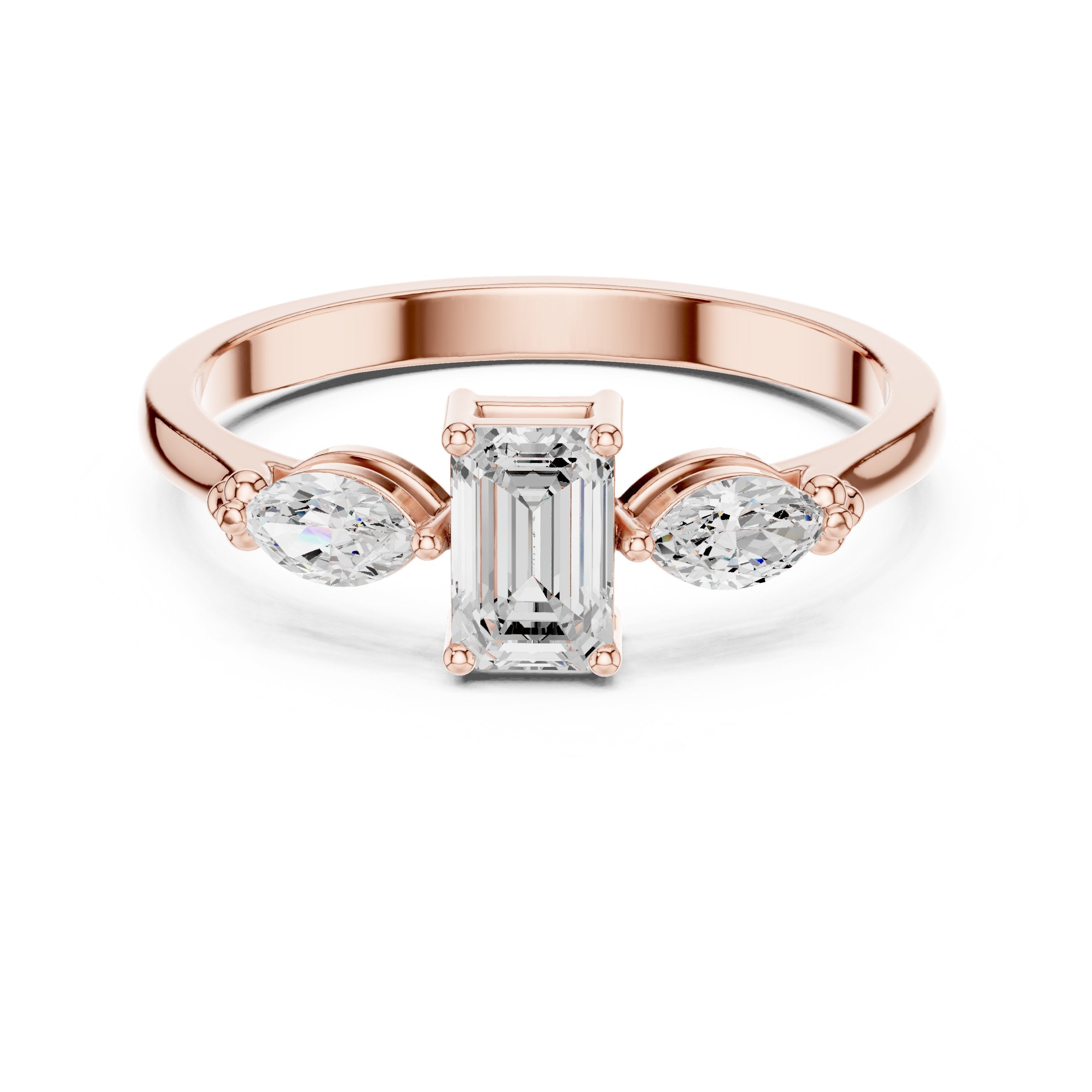 Emerald and Marquise Three Stone Diamond Engagement Ring in Rose Gold - VYKA Diamonds