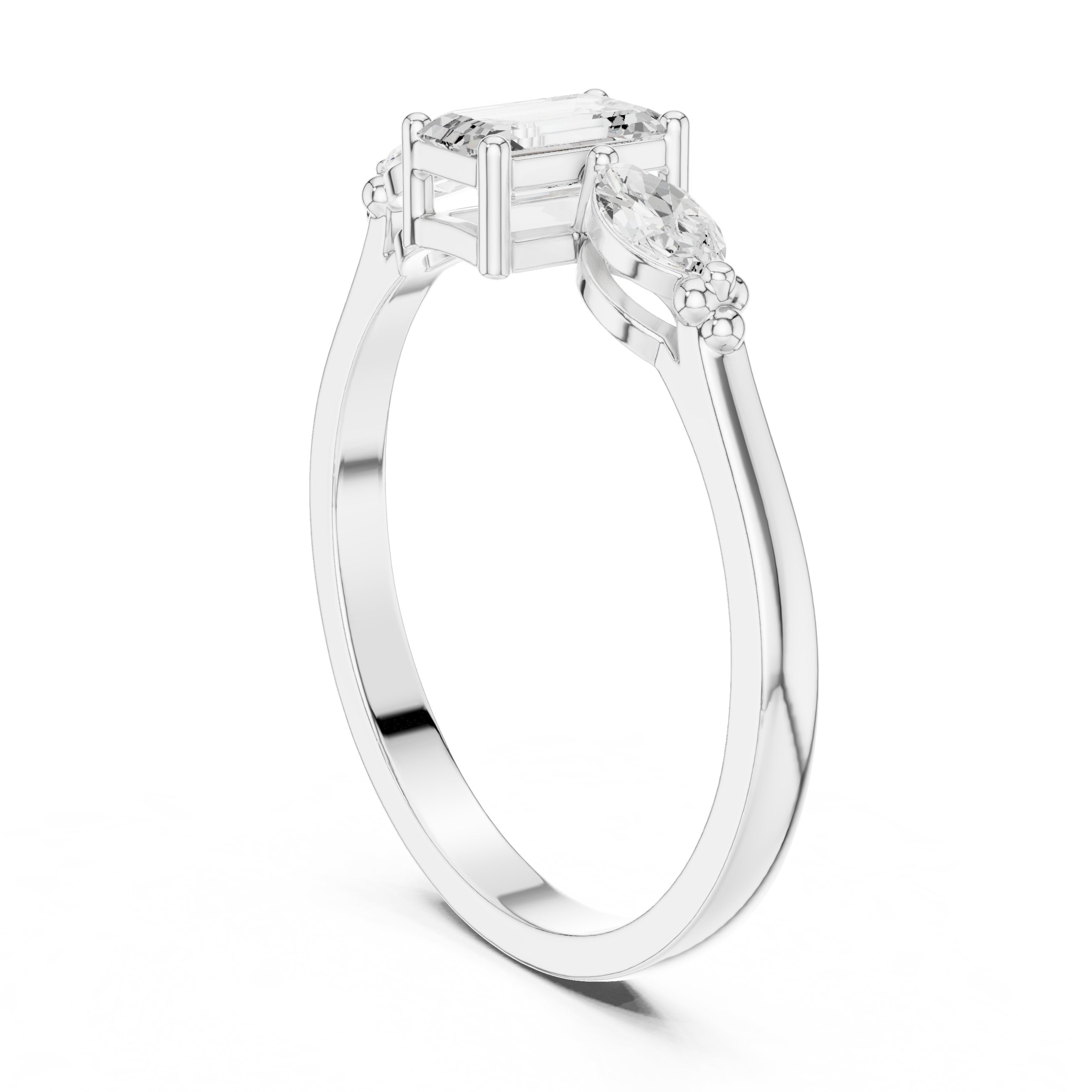 Emerald and Marquise Three Stone Diamond Engagement Ring in White Gold - VYKA Diamonds