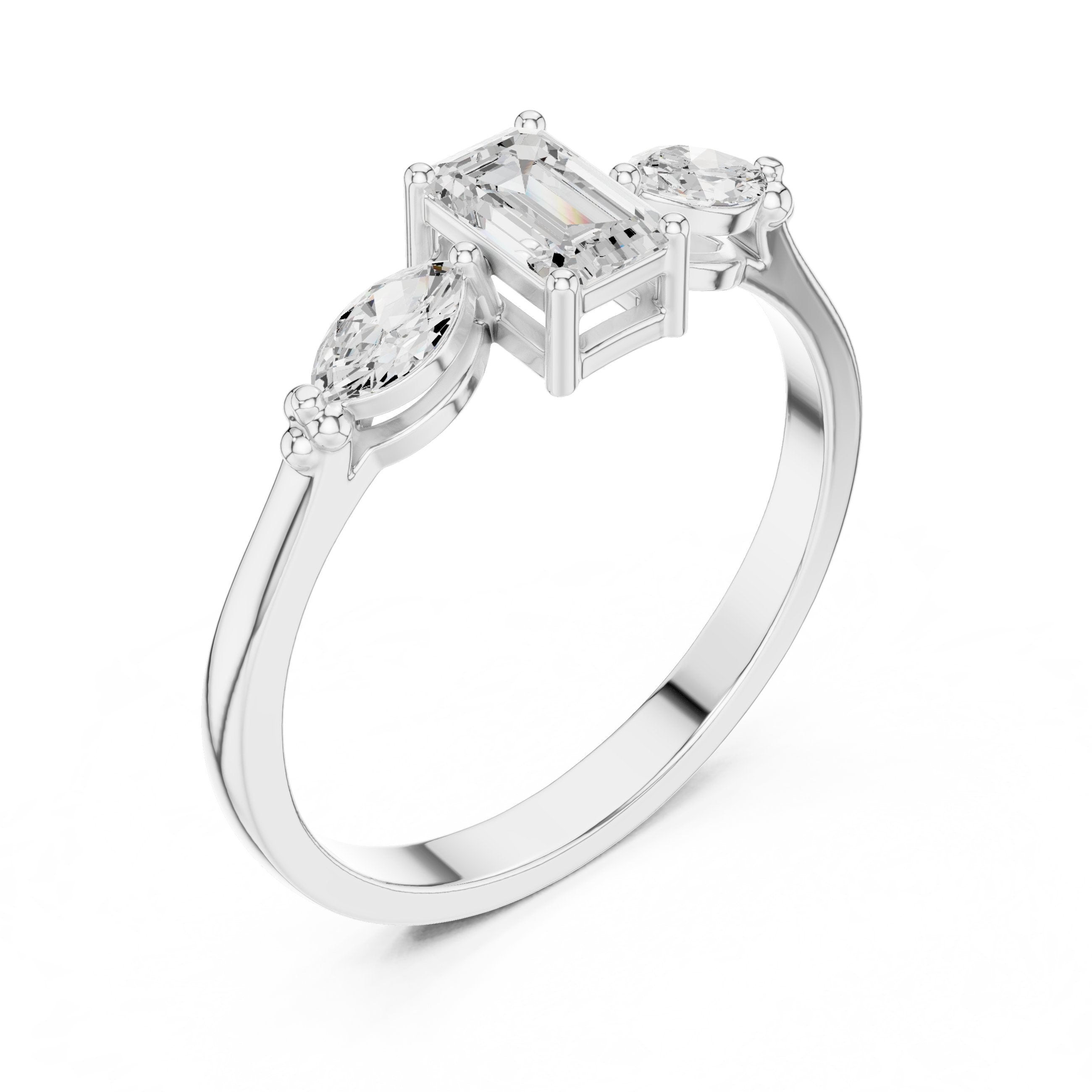 Emerald and Marquise Three Stone Diamond Engagement Ring in White Gold - VYKA Diamonds