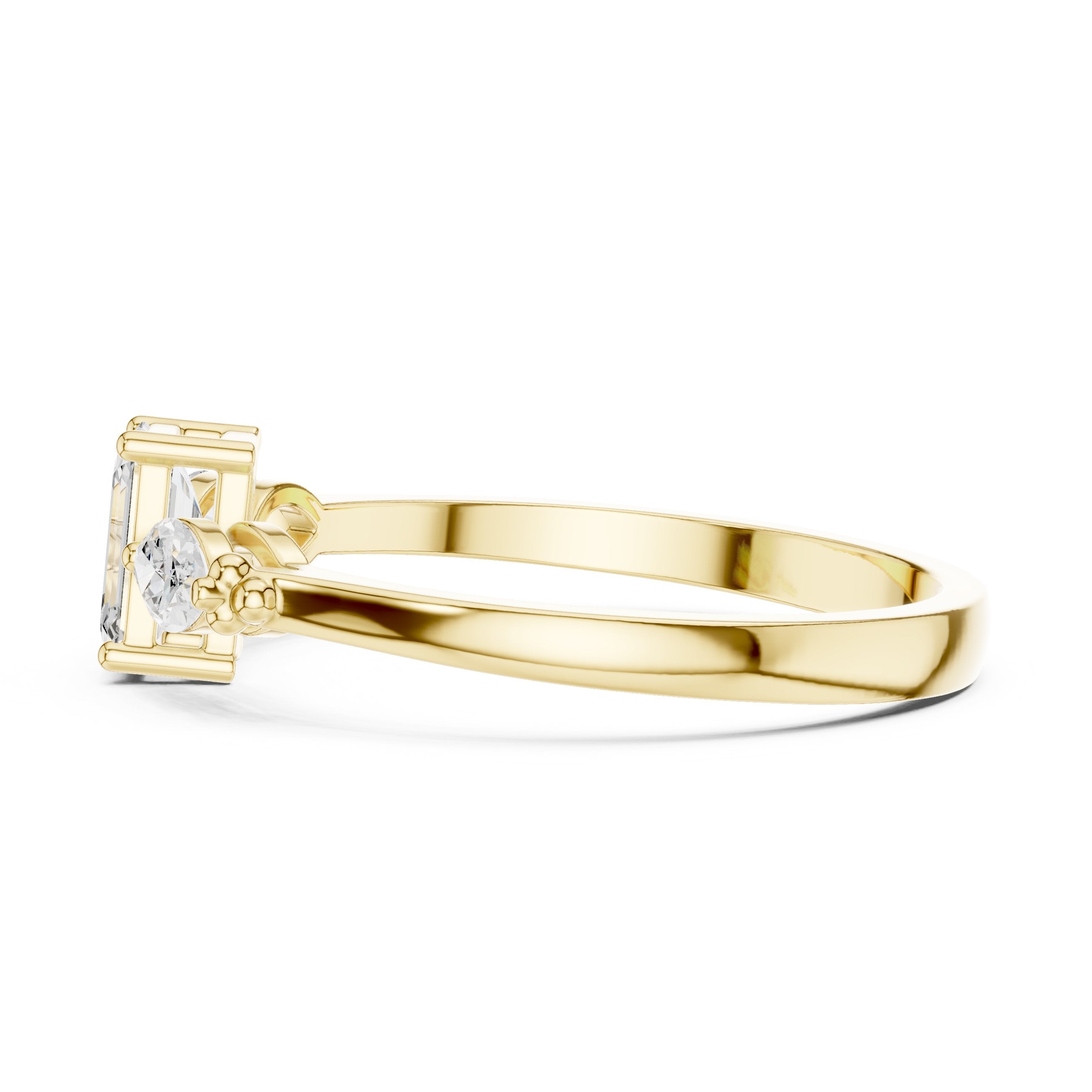 Emerald and Marquise Three Stone Diamond Engagement Ring in Yellow Gold - VYKA Diamonds