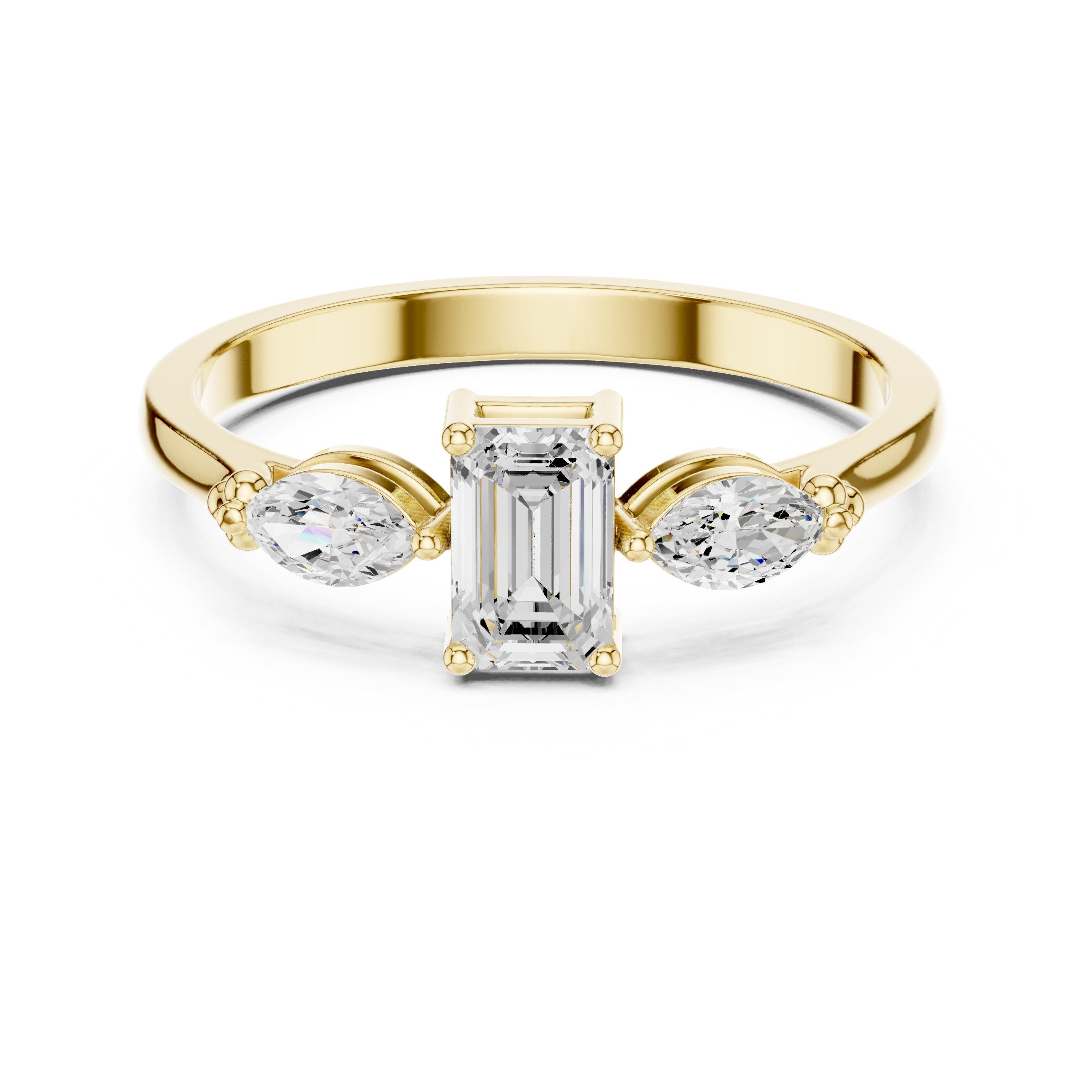 Emerald and Marquise Three Stone Diamond Engagement Ring in Yellow Gold - VYKA Diamonds