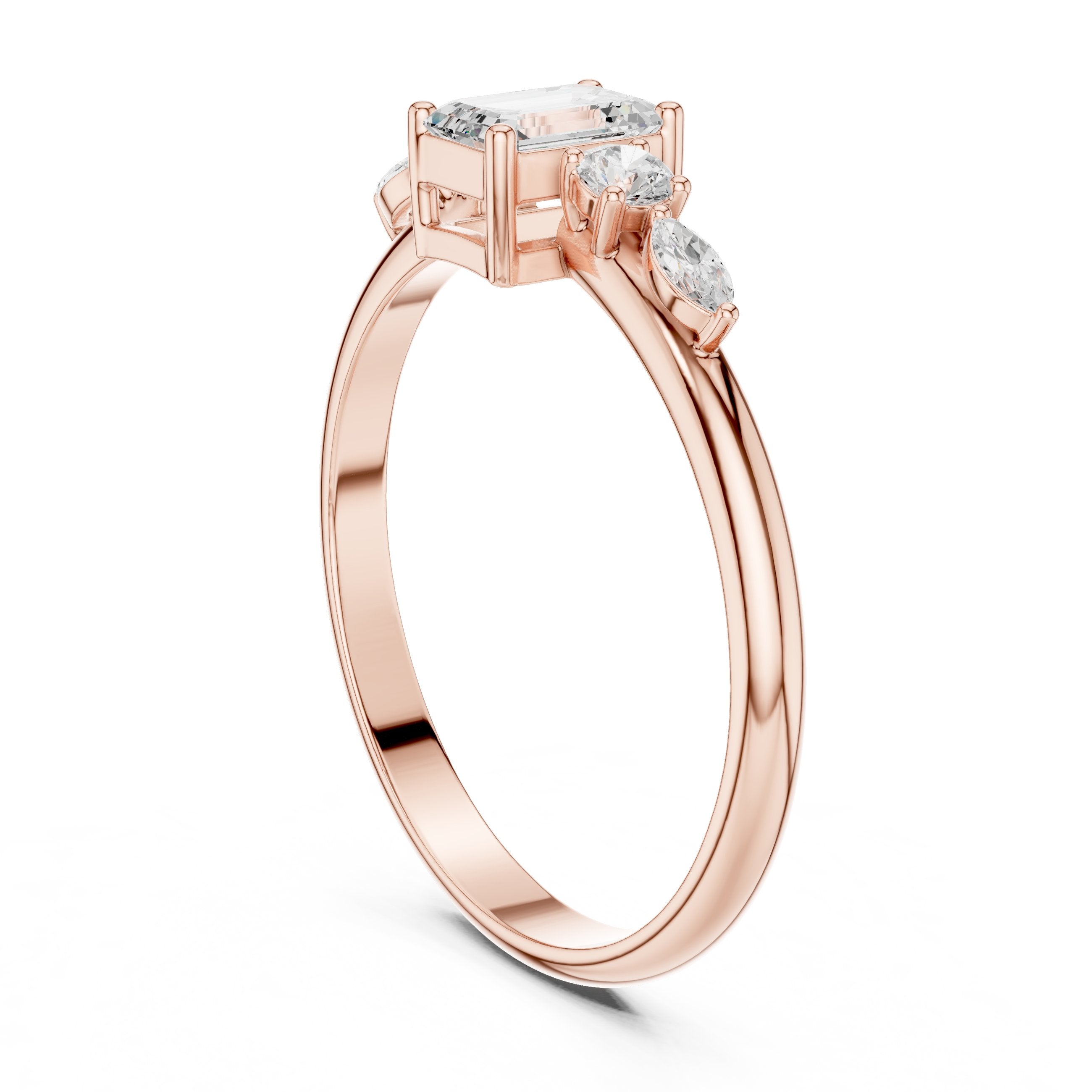 Emerald Cut with Mixed Shape Side Stones Diamond Ring in Rose Gold - VYKA Diamonds