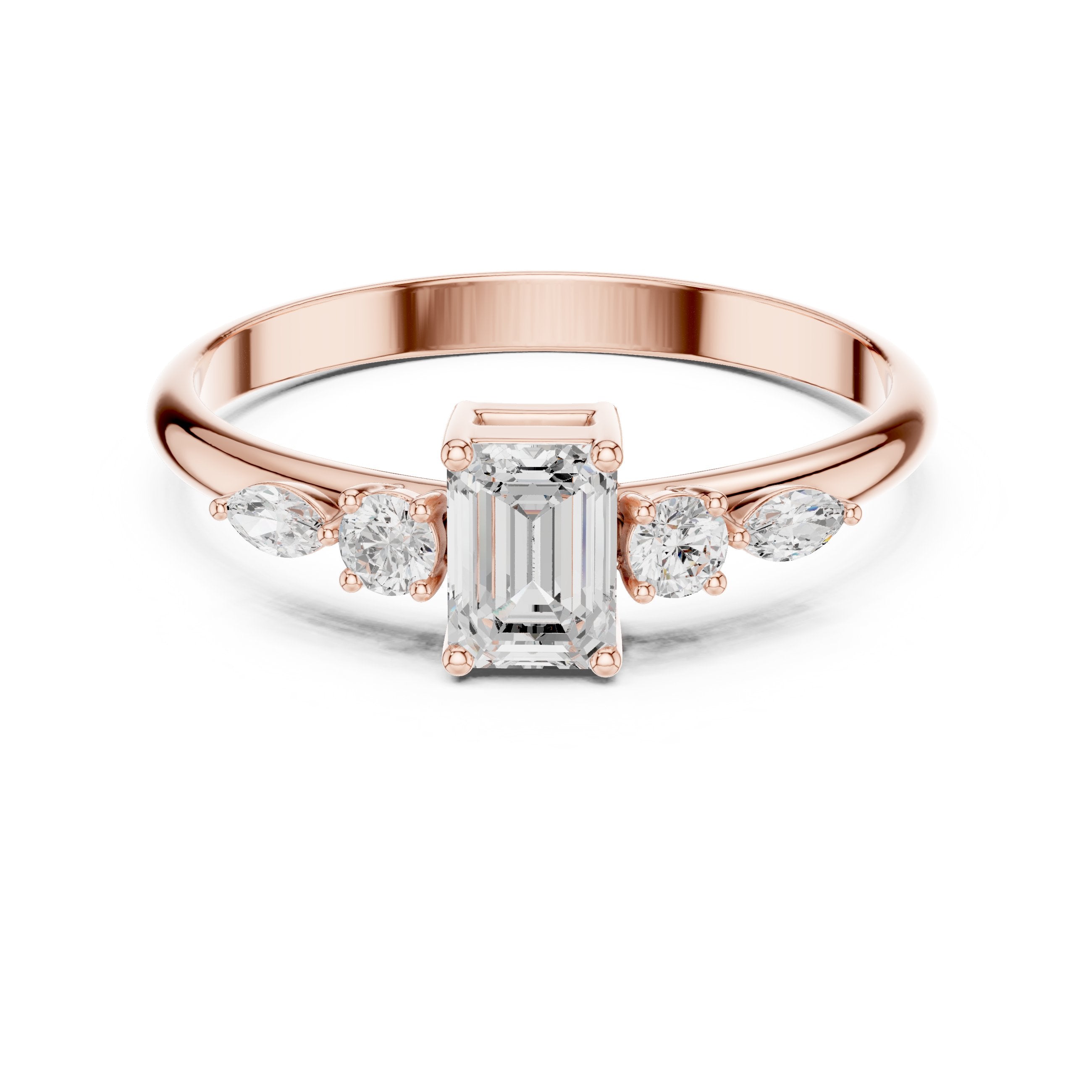 Emerald Cut with Mixed Shape Side Stones Diamond Ring in Rose Gold - VYKA Diamonds