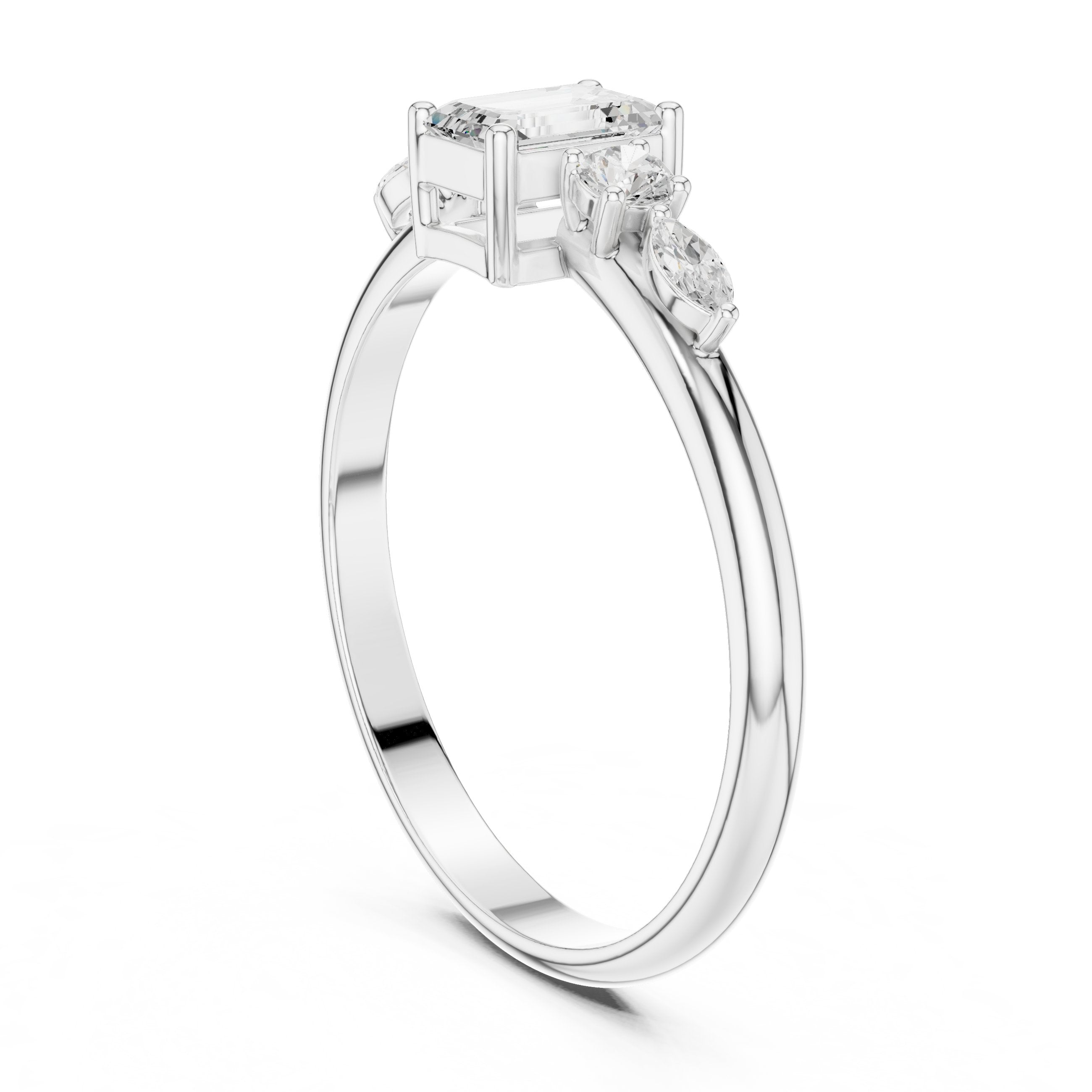 Emerald Cut with Mixed Shape Side Stones Diamond Ring in White Gold - VYKA Diamonds