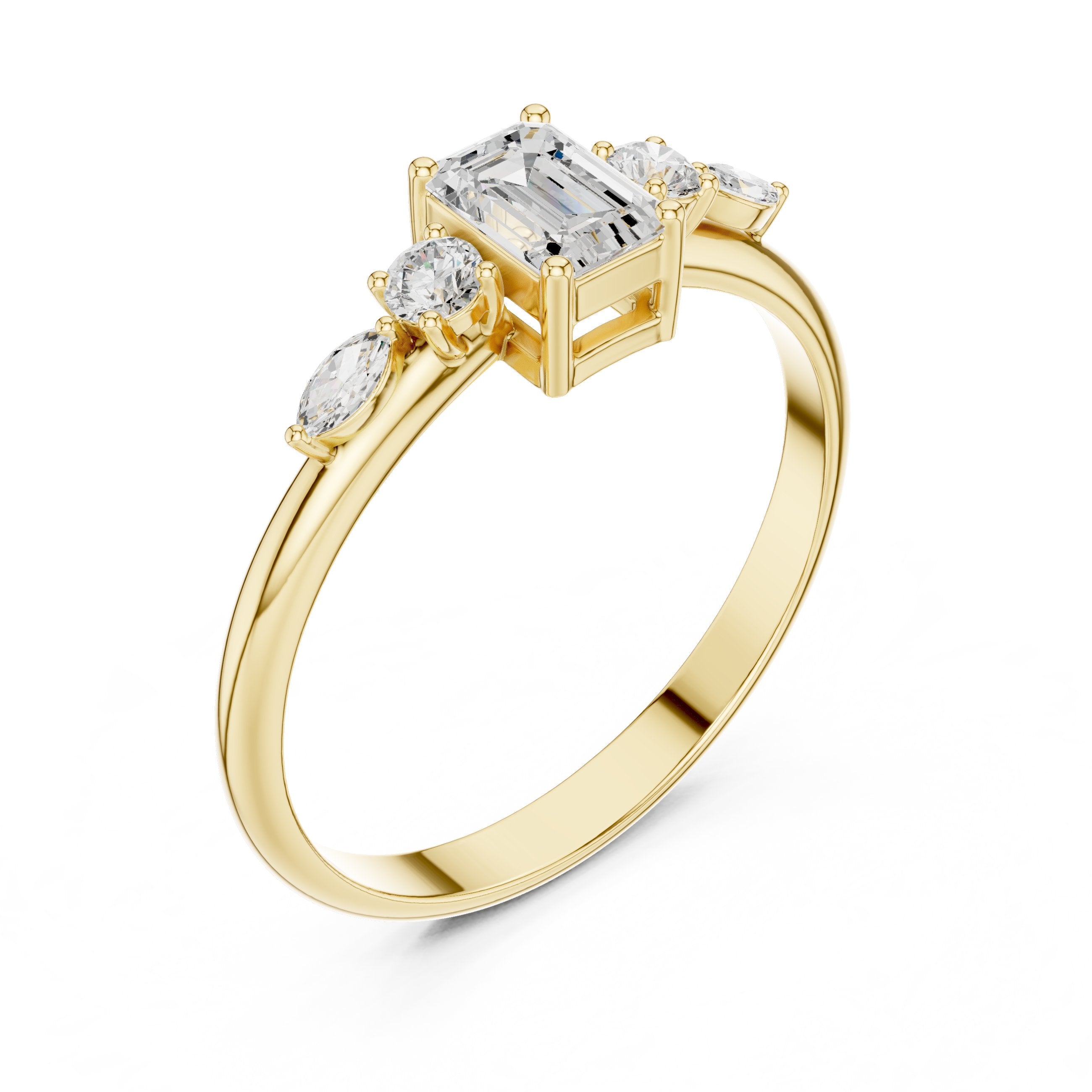Emerald Cut with Mixed Shape Side Stones Diamond Ring in Yellow Gold - VYKA Diamonds