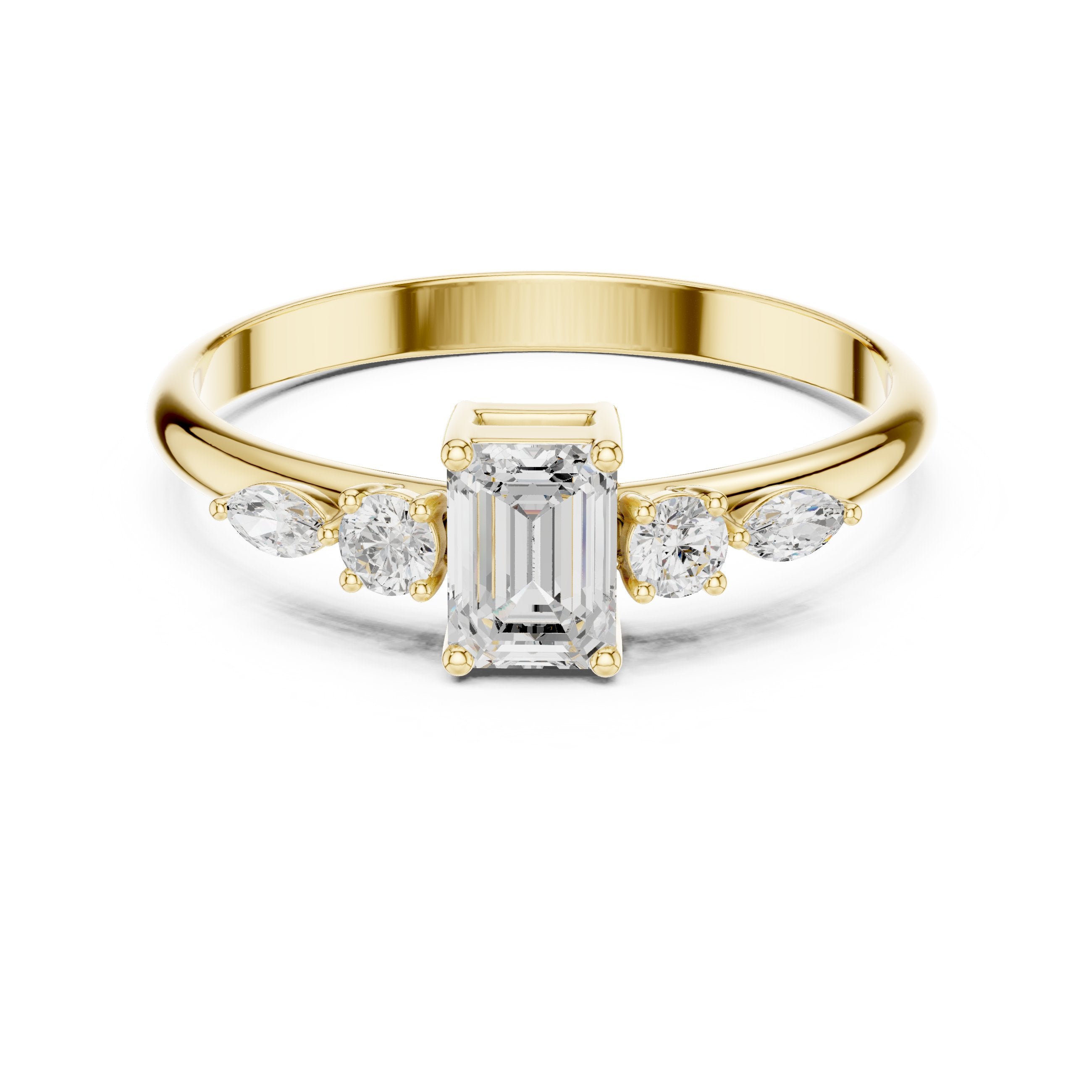 Emerald Cut with Mixed Shape Side Stones Diamond Ring in Yellow Gold - VYKA Diamonds