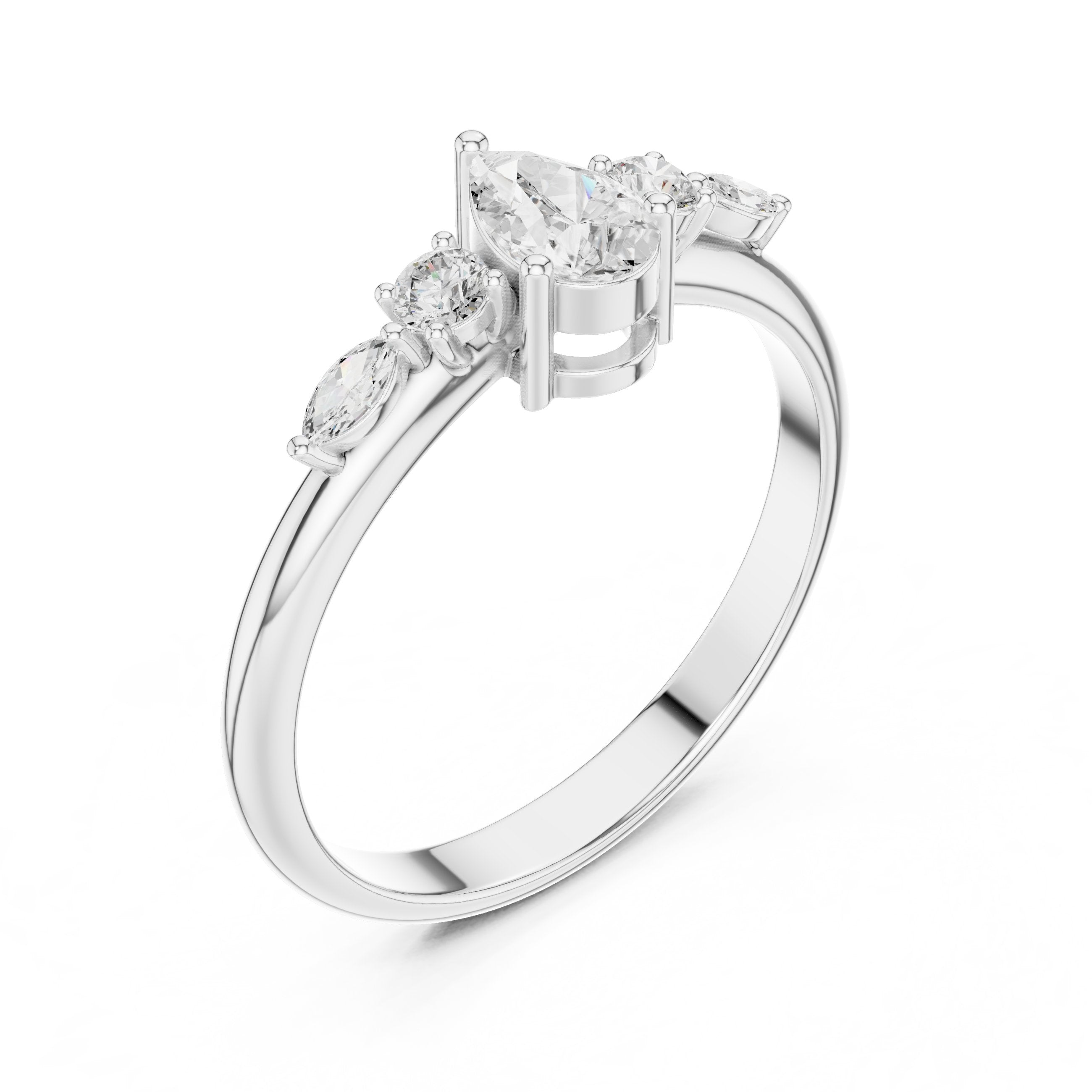 Pear with Mixed Shaped Sidestones Diamond Ring in White Gold - VYKA Diamonds