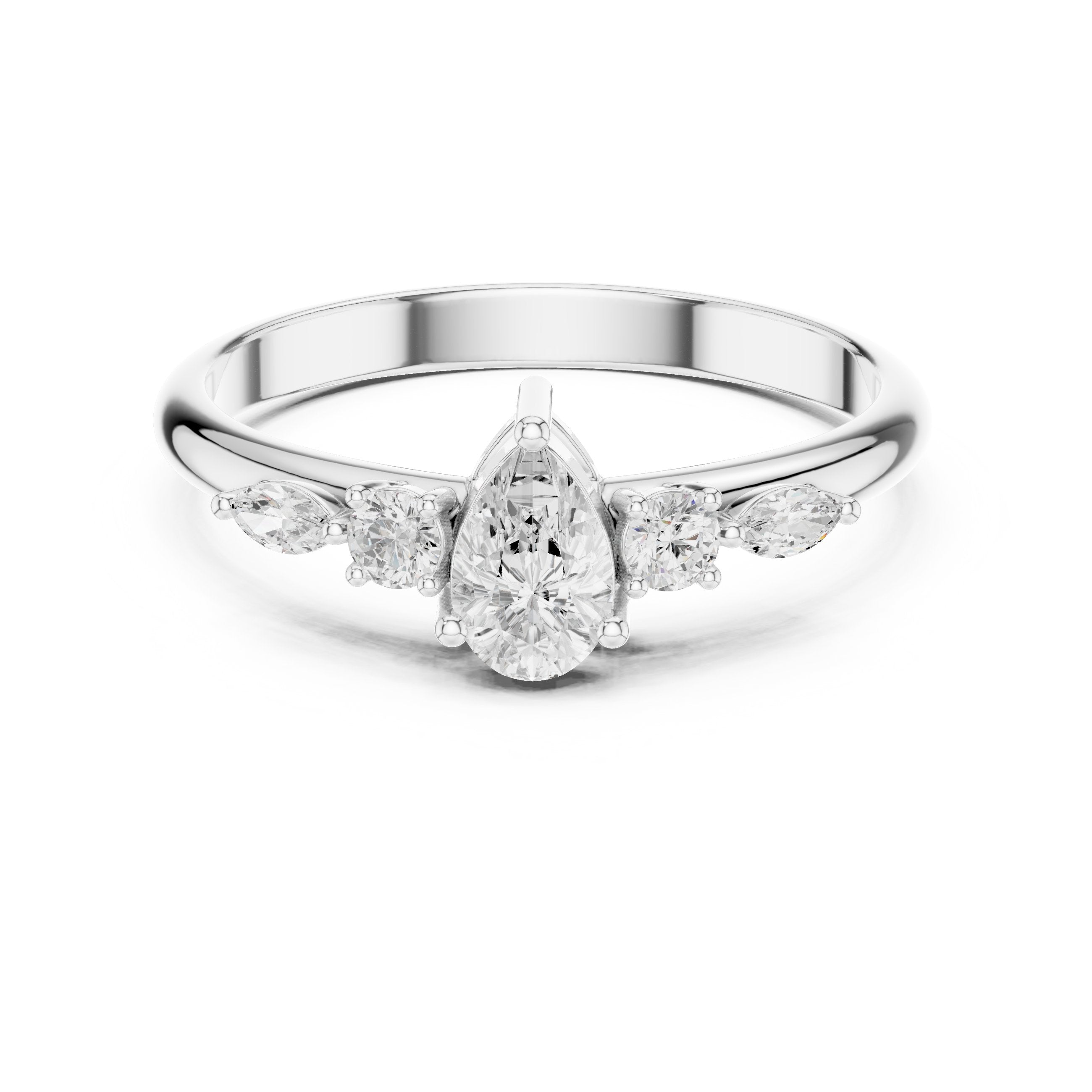 Pear with Mixed Shaped Sidestones Diamond Ring in White Gold - VYKA Diamonds