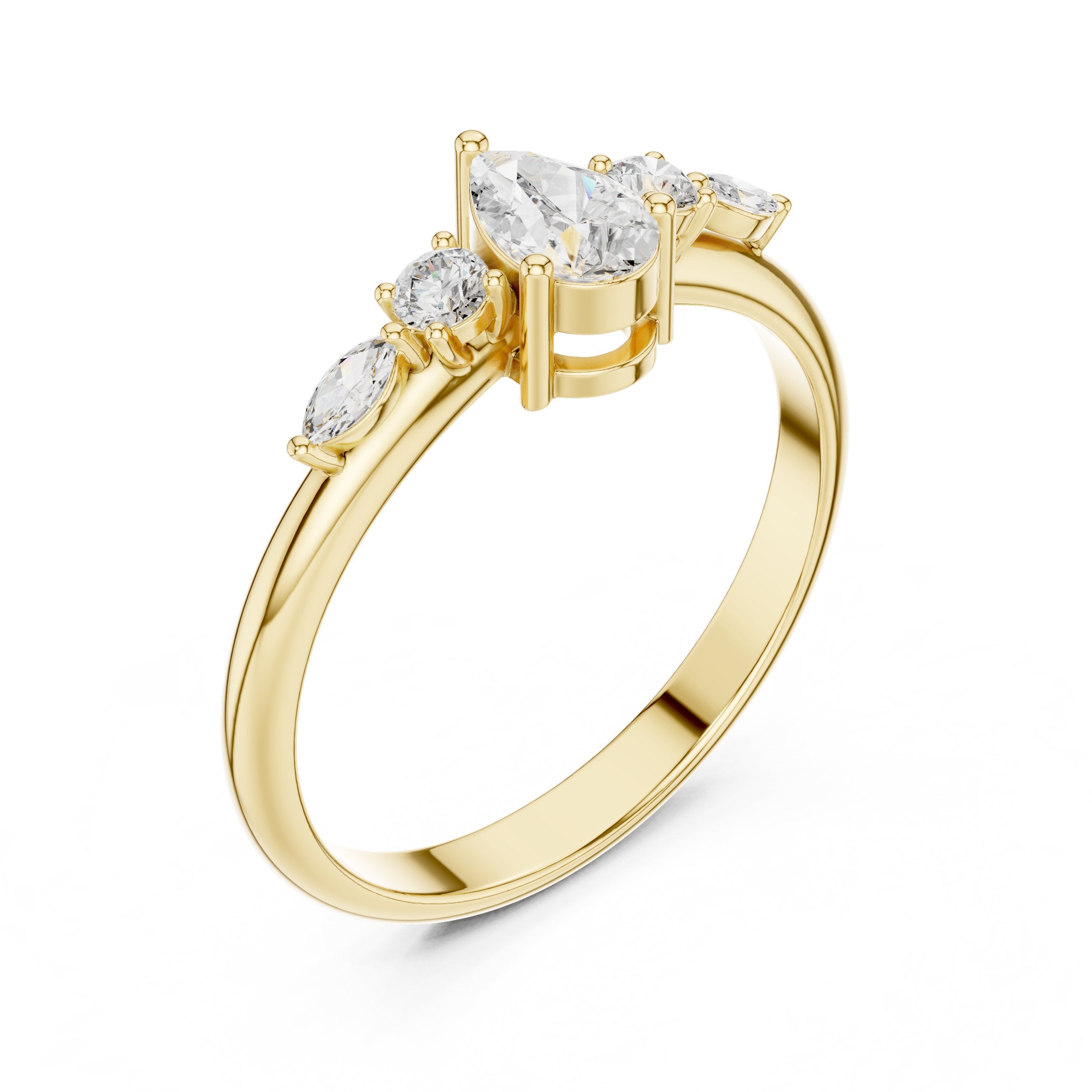 Pear with Mixed Shaped Sidestones Diamond Ring in Yellow Gold - VYKA Diamonds