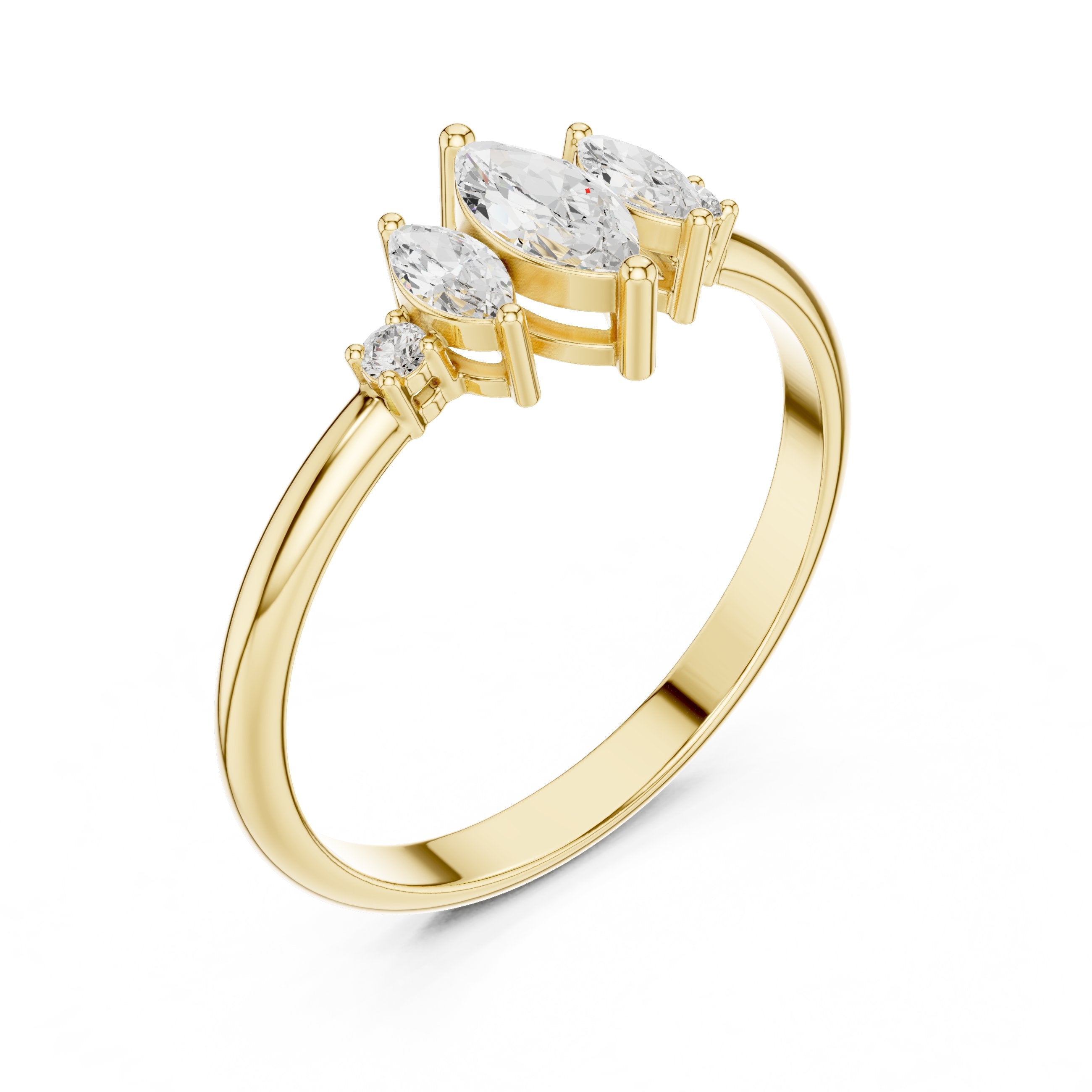 Marquise Trilogy with Round Side Stone Diamond Engagement Ring in Yellow Gold - VYKA Diamonds
