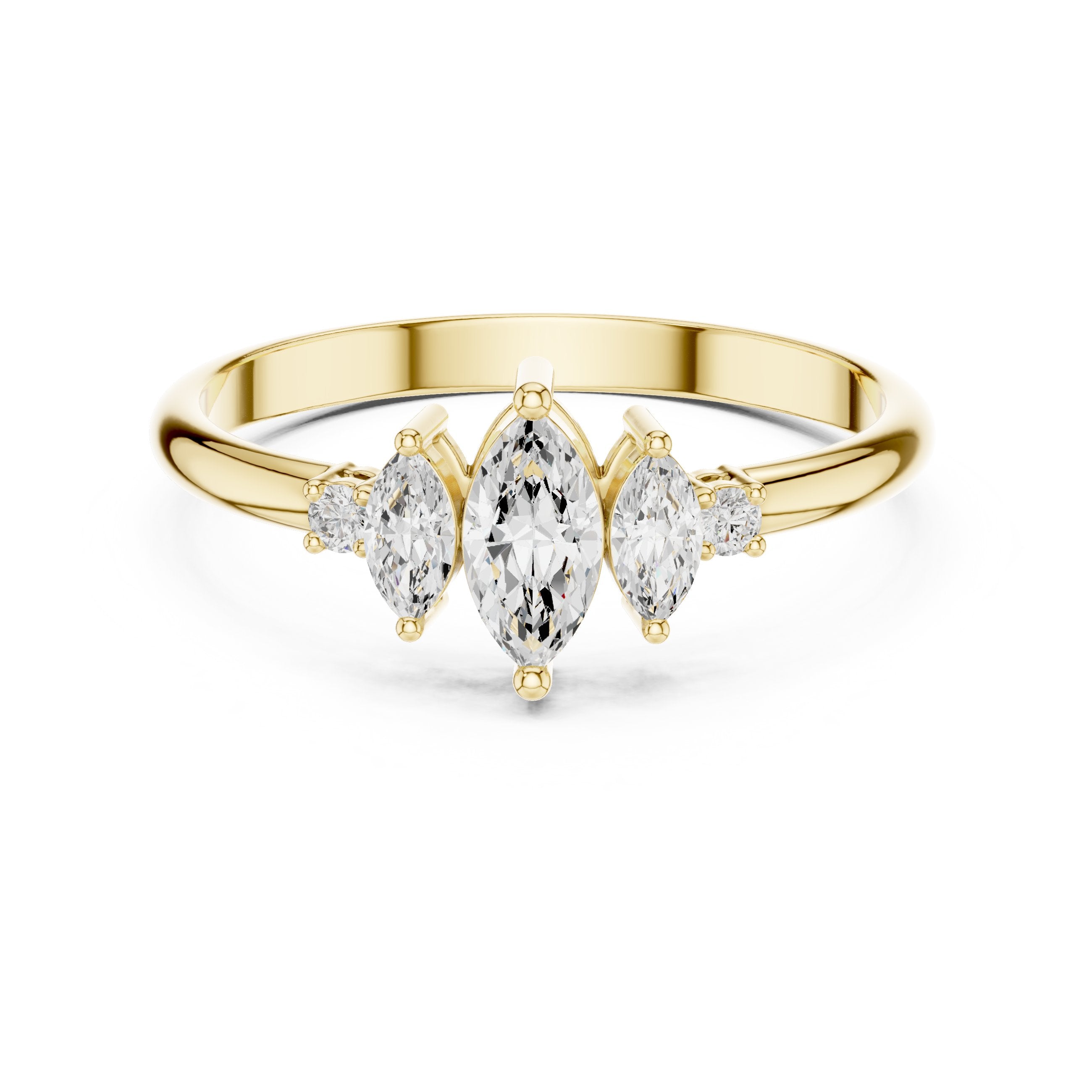Marquise Trilogy with Round Side Stone Diamond Engagement Ring in Yellow Gold - VYKA Diamonds