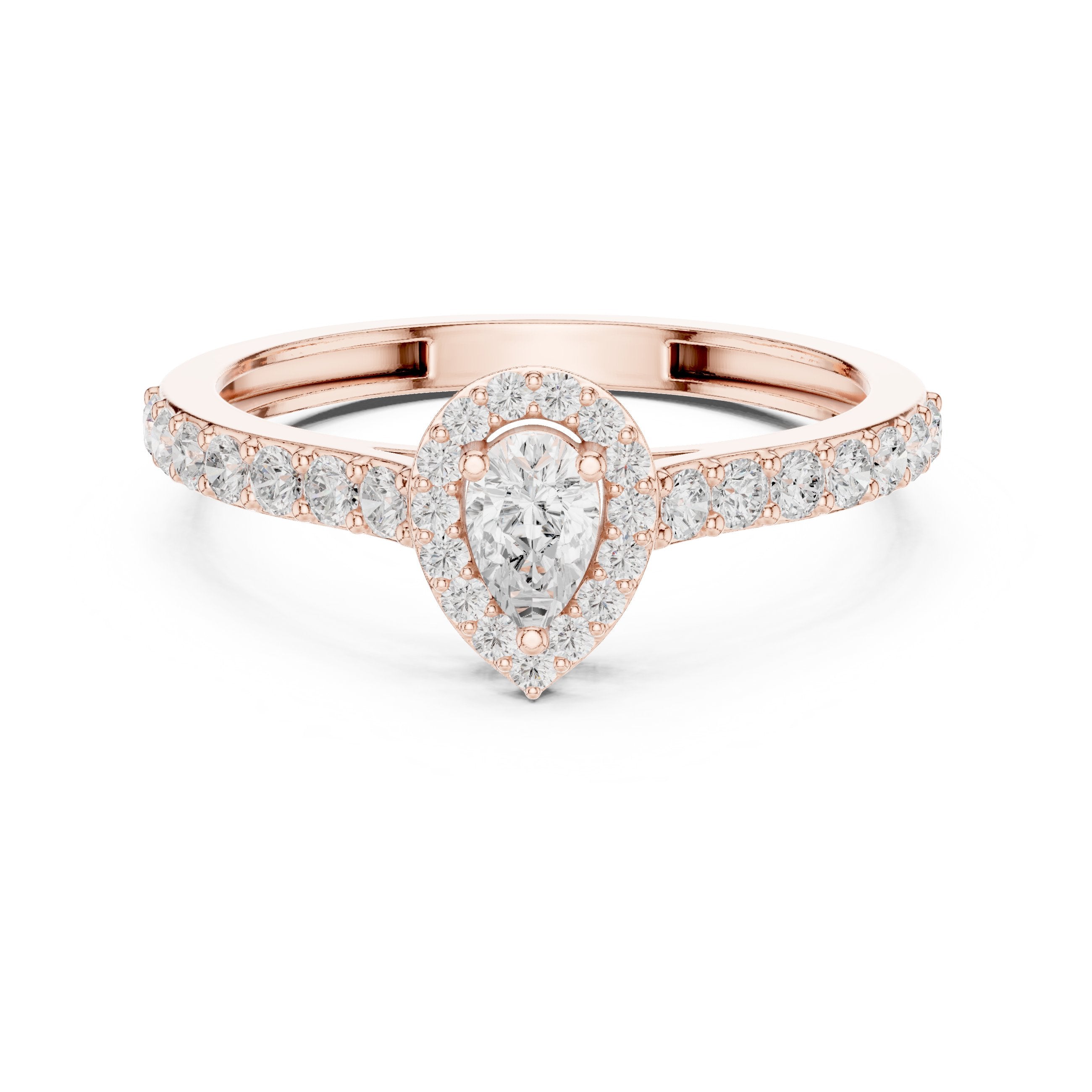 Pear Diamond Halo Engagement Ring with Pavé Band in Rose Gold - VYKA Diamonds
