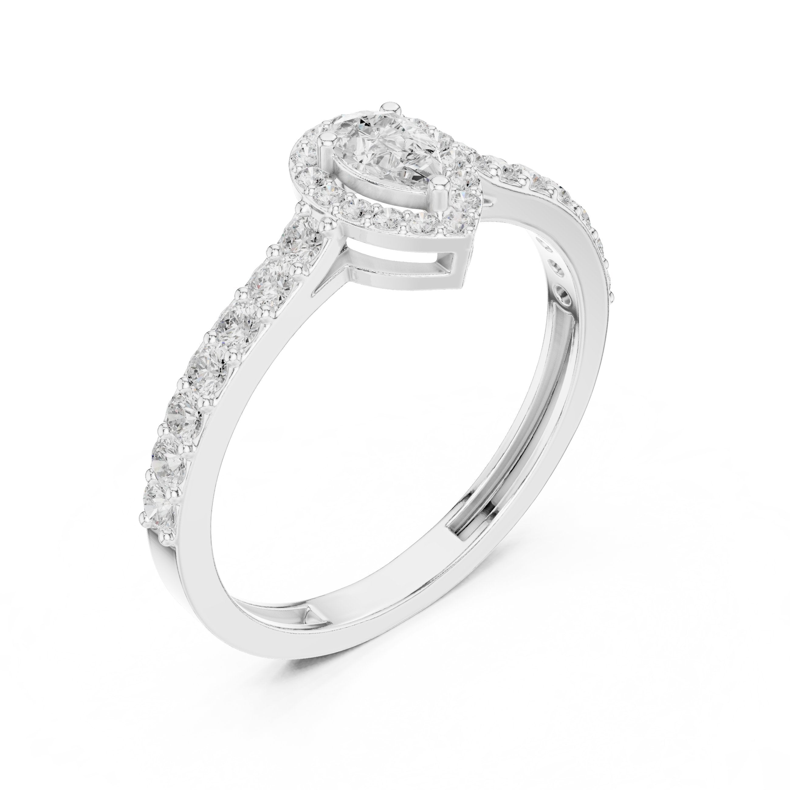 Pear Diamond Halo Engagement Ring with Pavé Band in White Gold - VYKA Diamonds