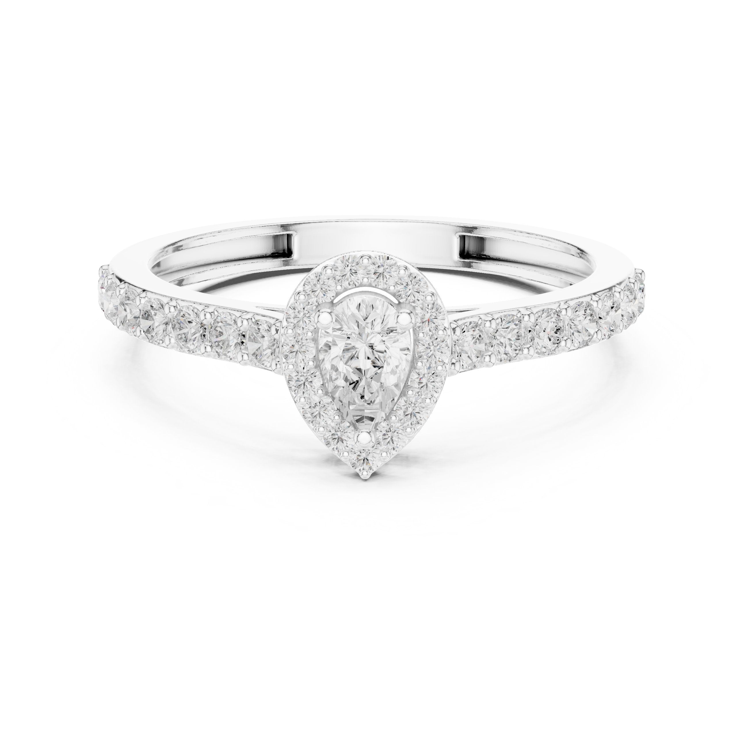 Pear Diamond Halo Engagement Ring with Pavé Band in White Gold - VYKA Diamonds