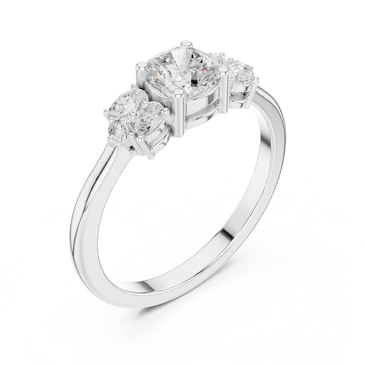 Cushion Cut Engagement Ring with Pear and Round Side Stone Accents