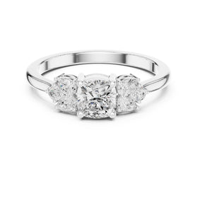 Cushion Cut Engagement Ring with Pear and Round Side Stone Accents