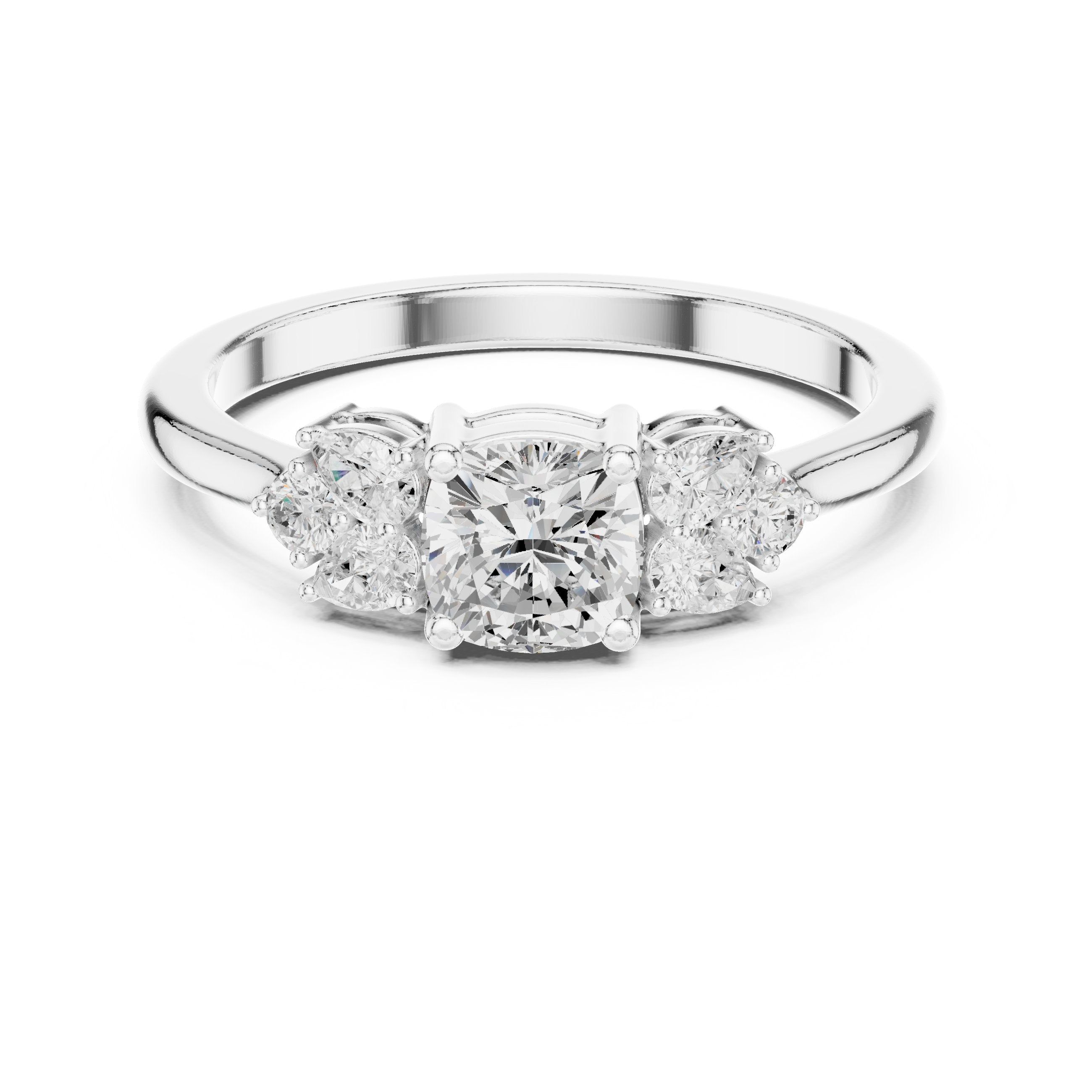 Cushion Cut Engagement Ring with Pear and Round Side Stone Accents in White Gold - VYKA Diamonds